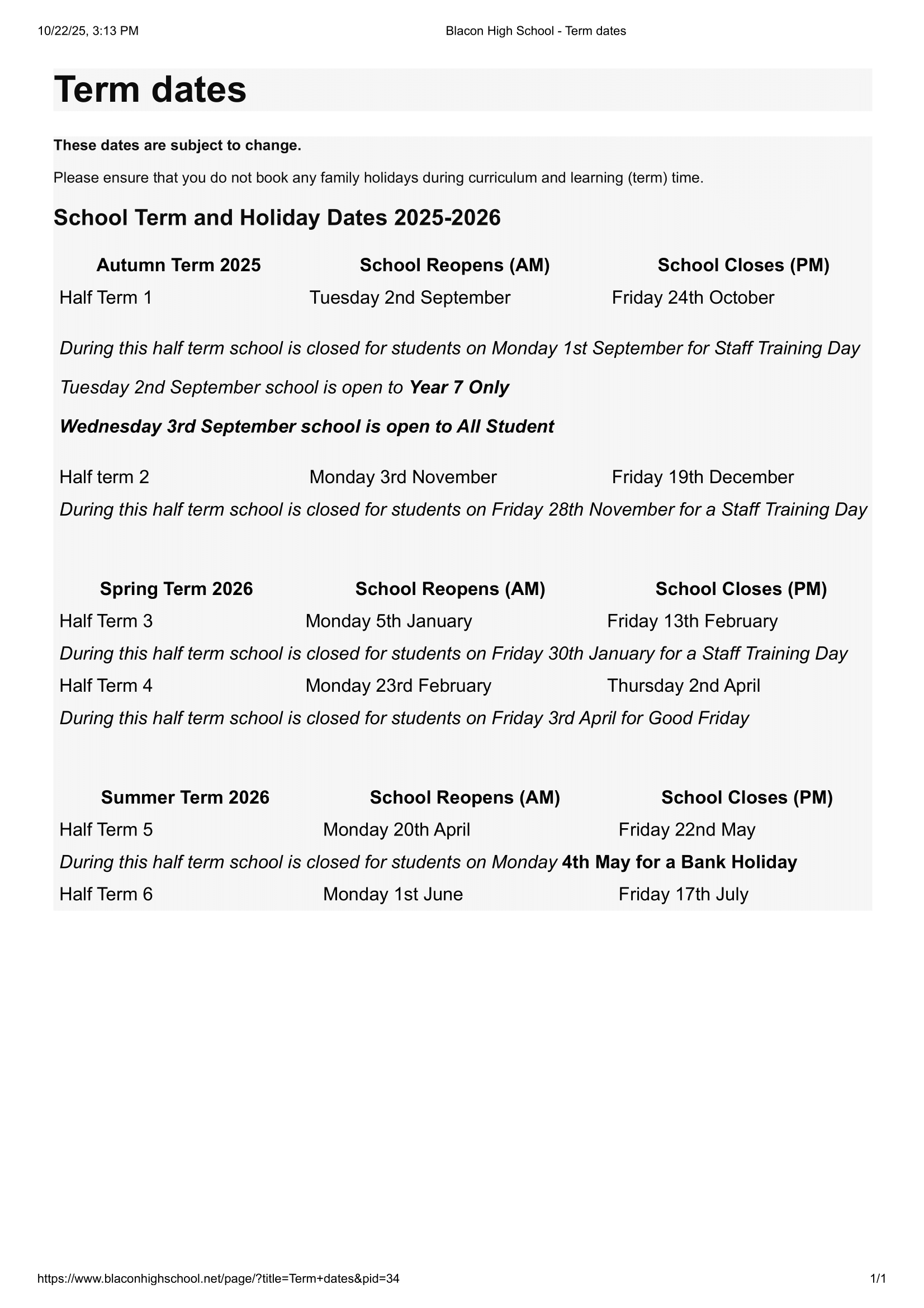 Blacon High School term dates official