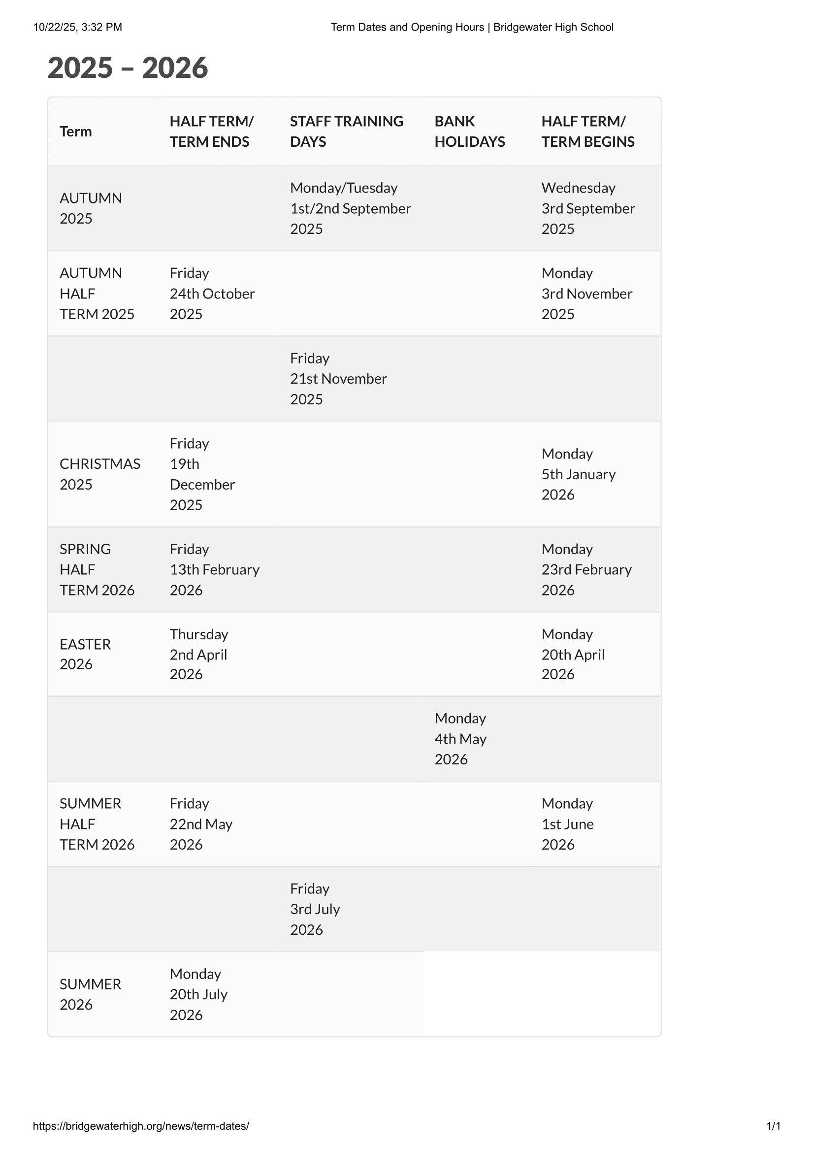 Bridgewater High School Term Dates 25-26 (Official Update)