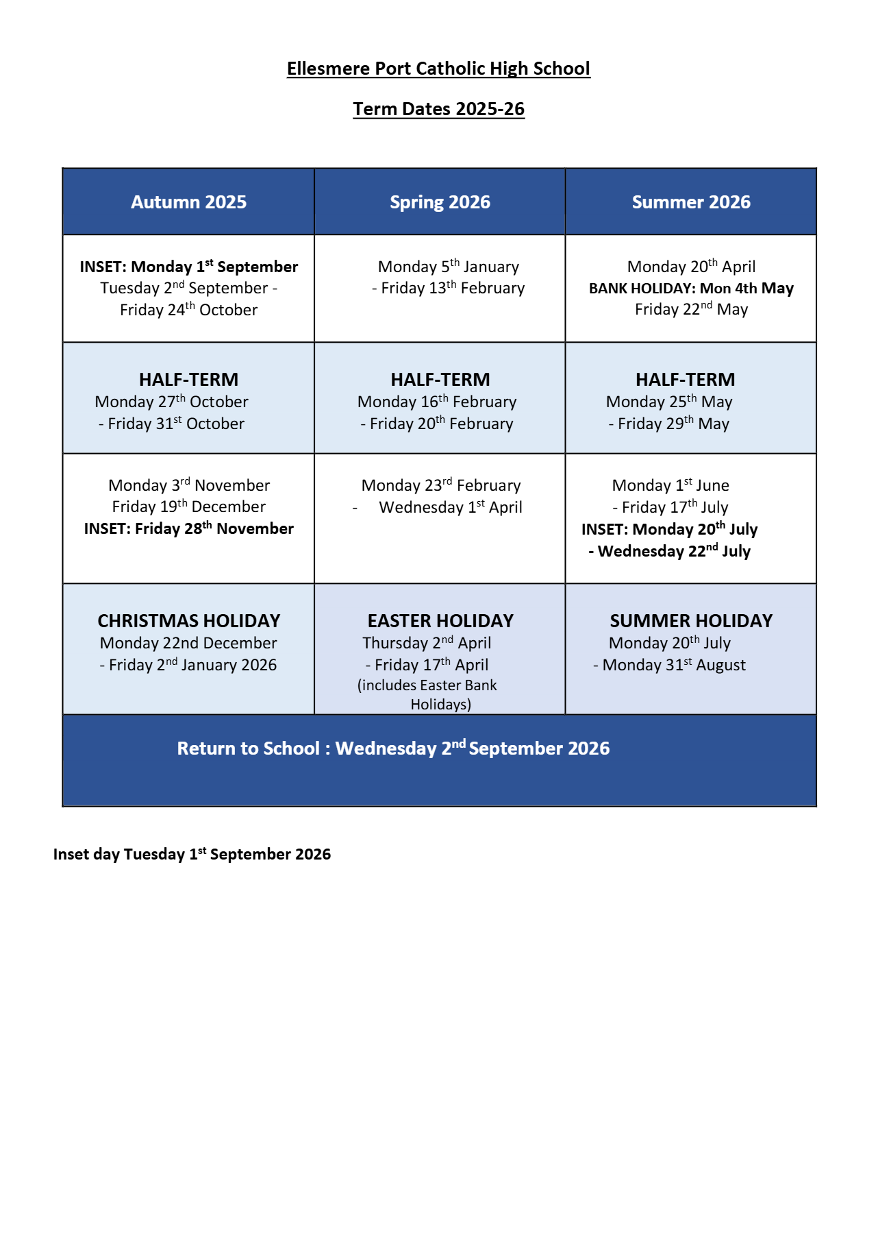 Ellesmere Port Catholic High School Term Dates 25-26 Official
