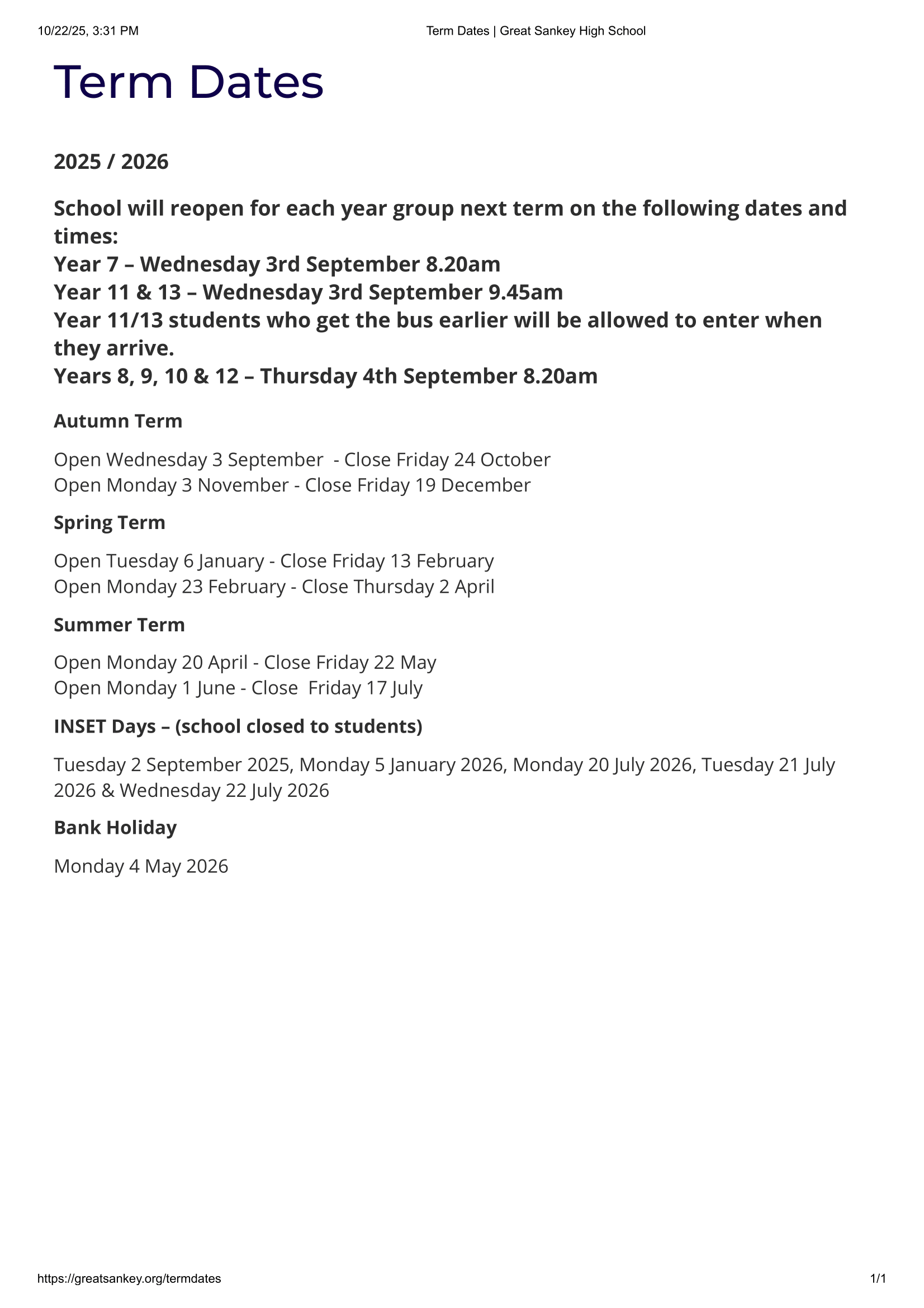 Great Sankey High School Term Dates 25-26 (Official Update)