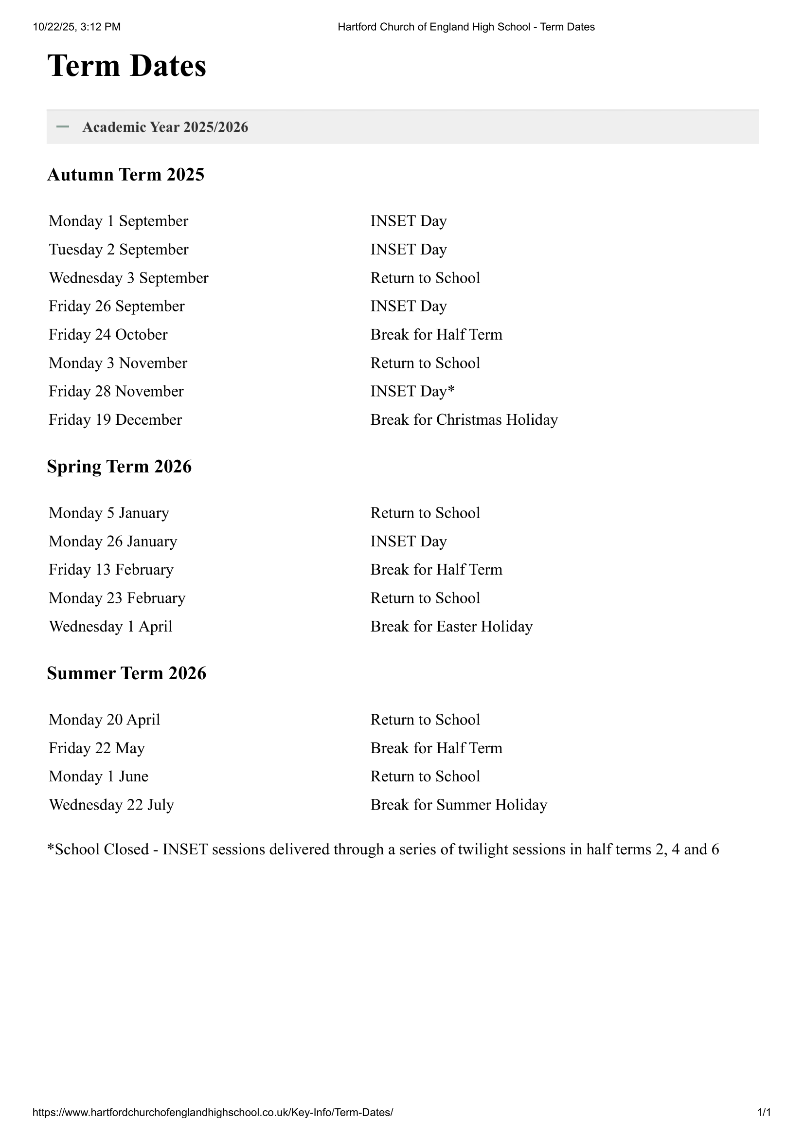 Hartford Church of England High School Term Dates 25-26 Official