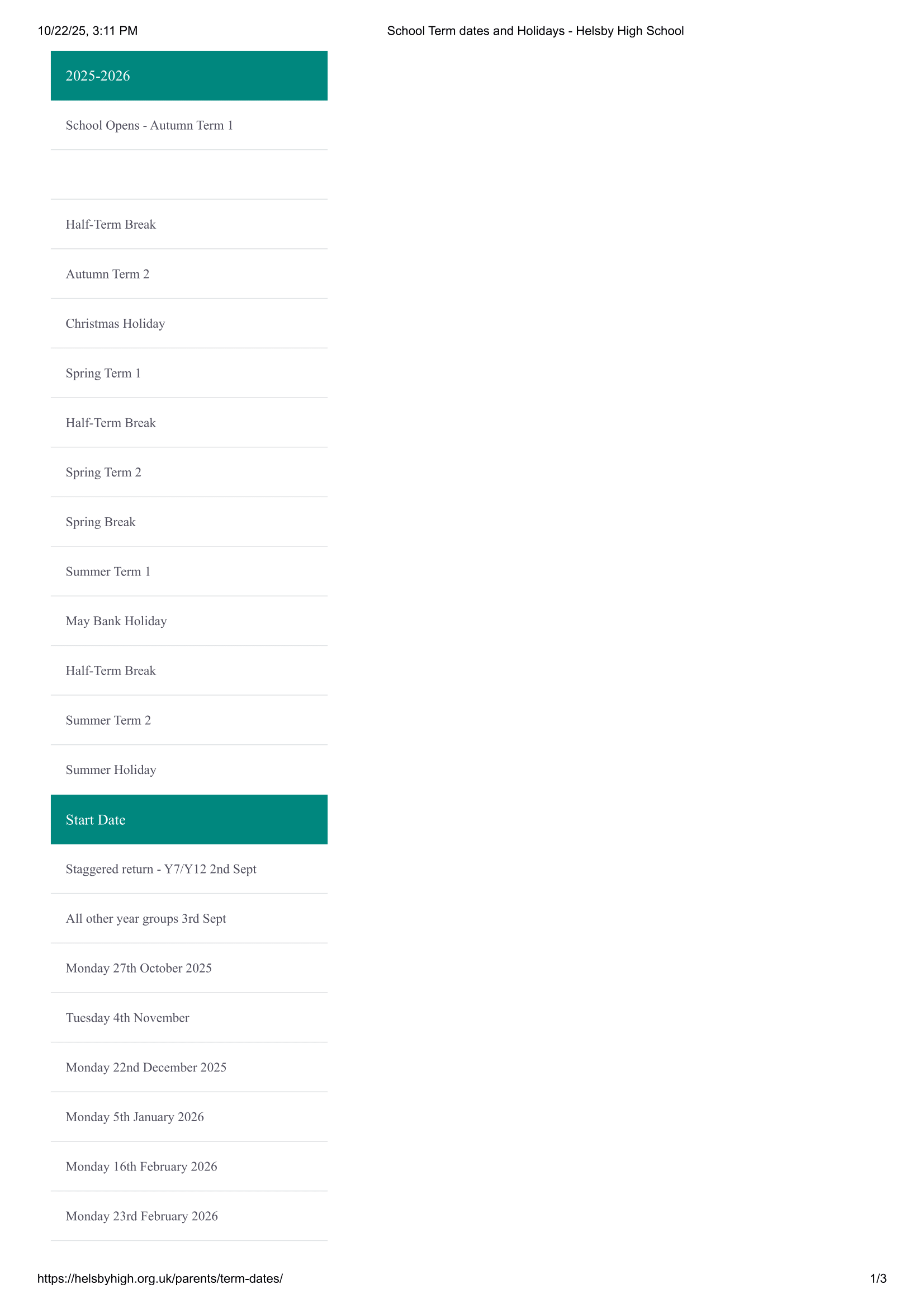Helsby High School Term Dates 25-26 Official