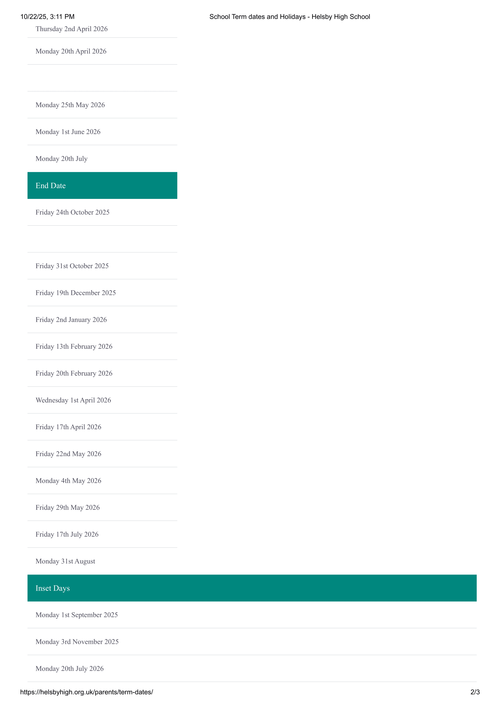Helsby High School Term Dates 25-26 Official