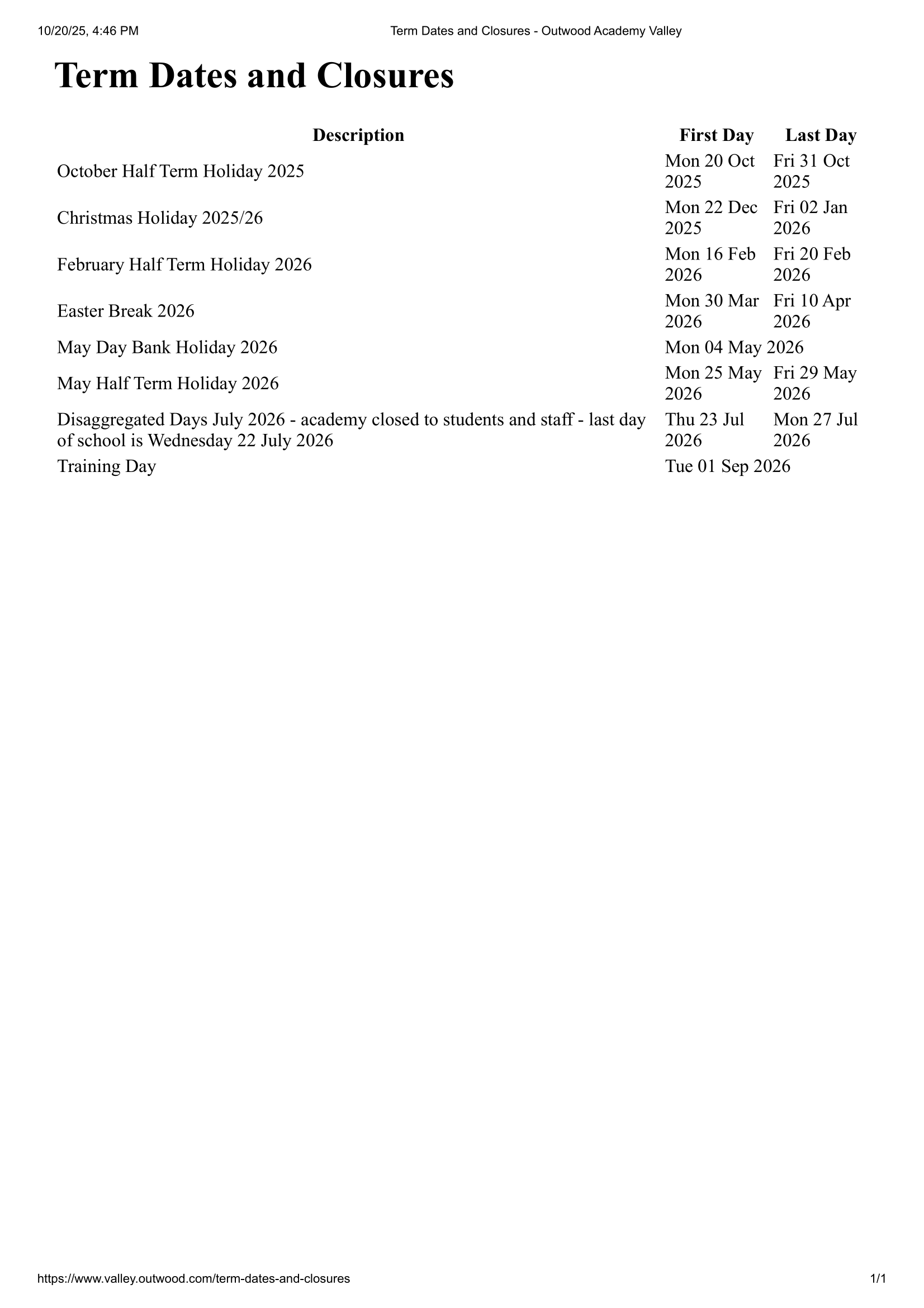 Outwood Academy Valley Term Dates 25-26