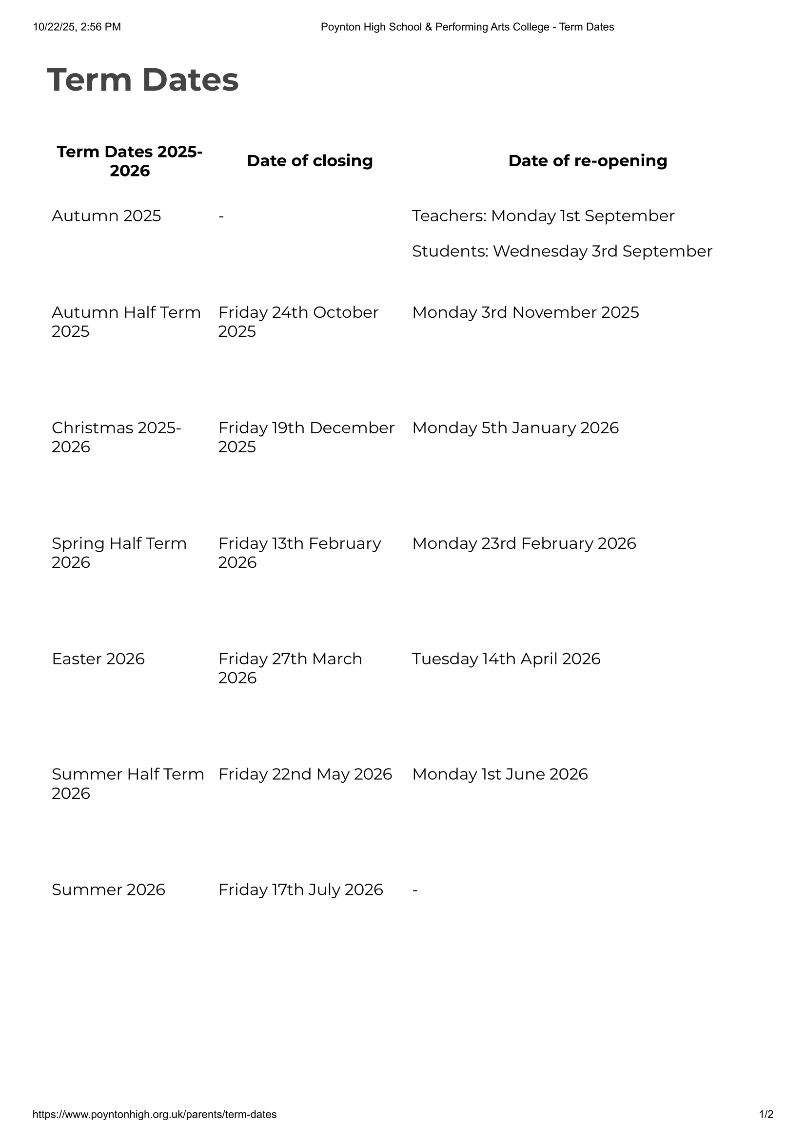 Poynton High School &amp; Performing Arts College Term Dates 25-26 (Official Update)