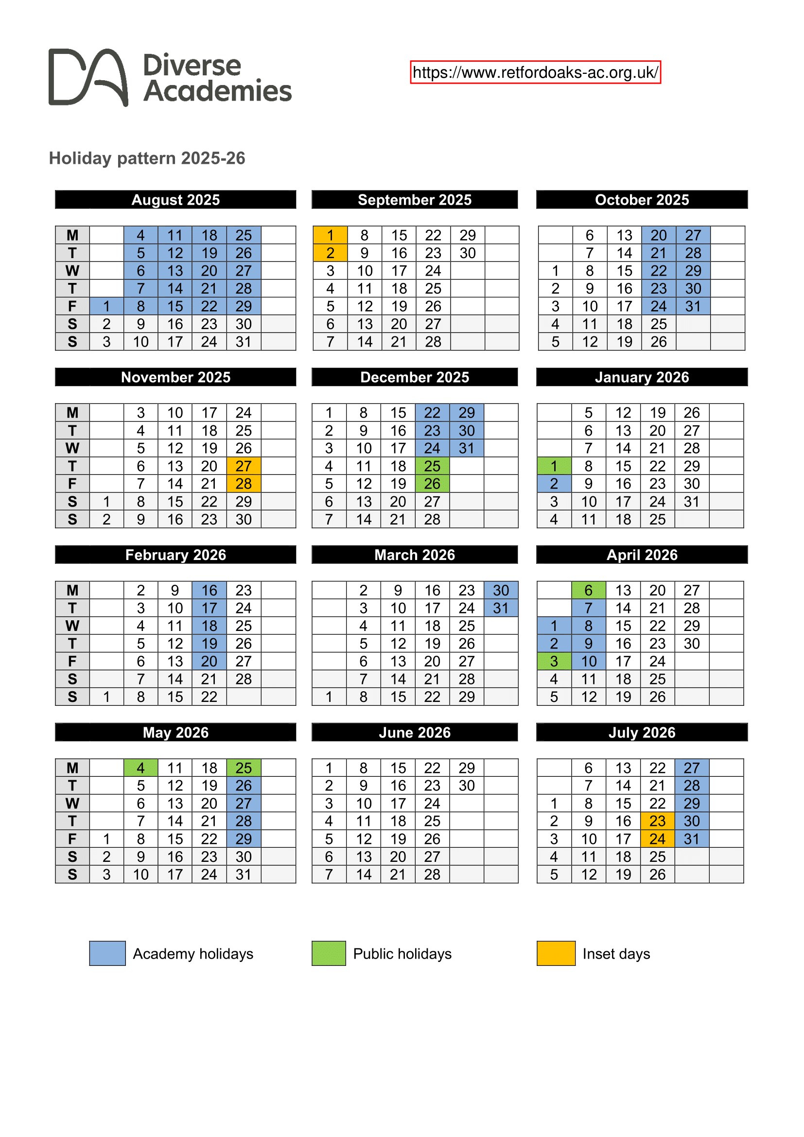Retford Oaks Academy Term Dates 25-26