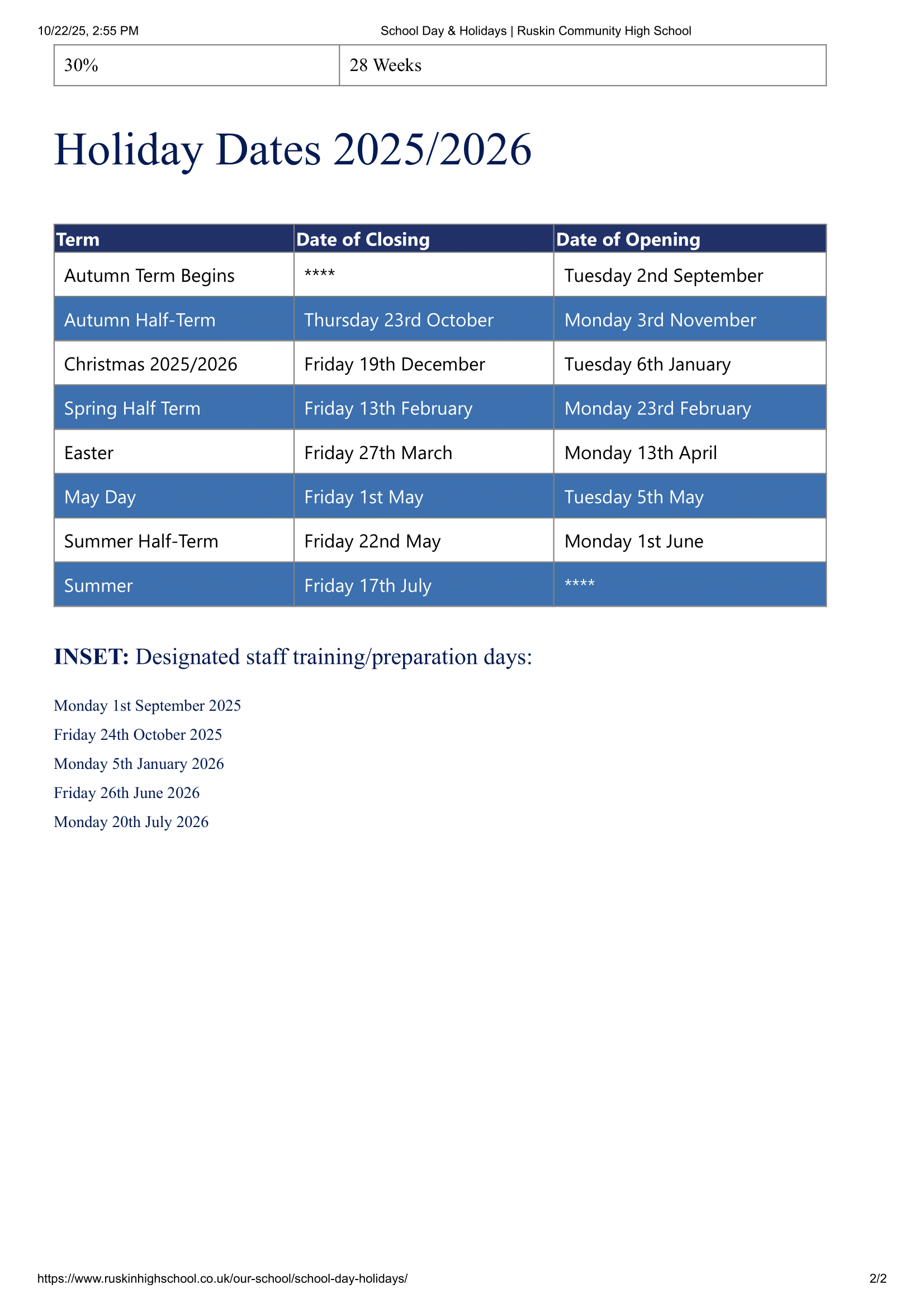 Ruskin Community High School Term Dates 25-26 (Official Update)