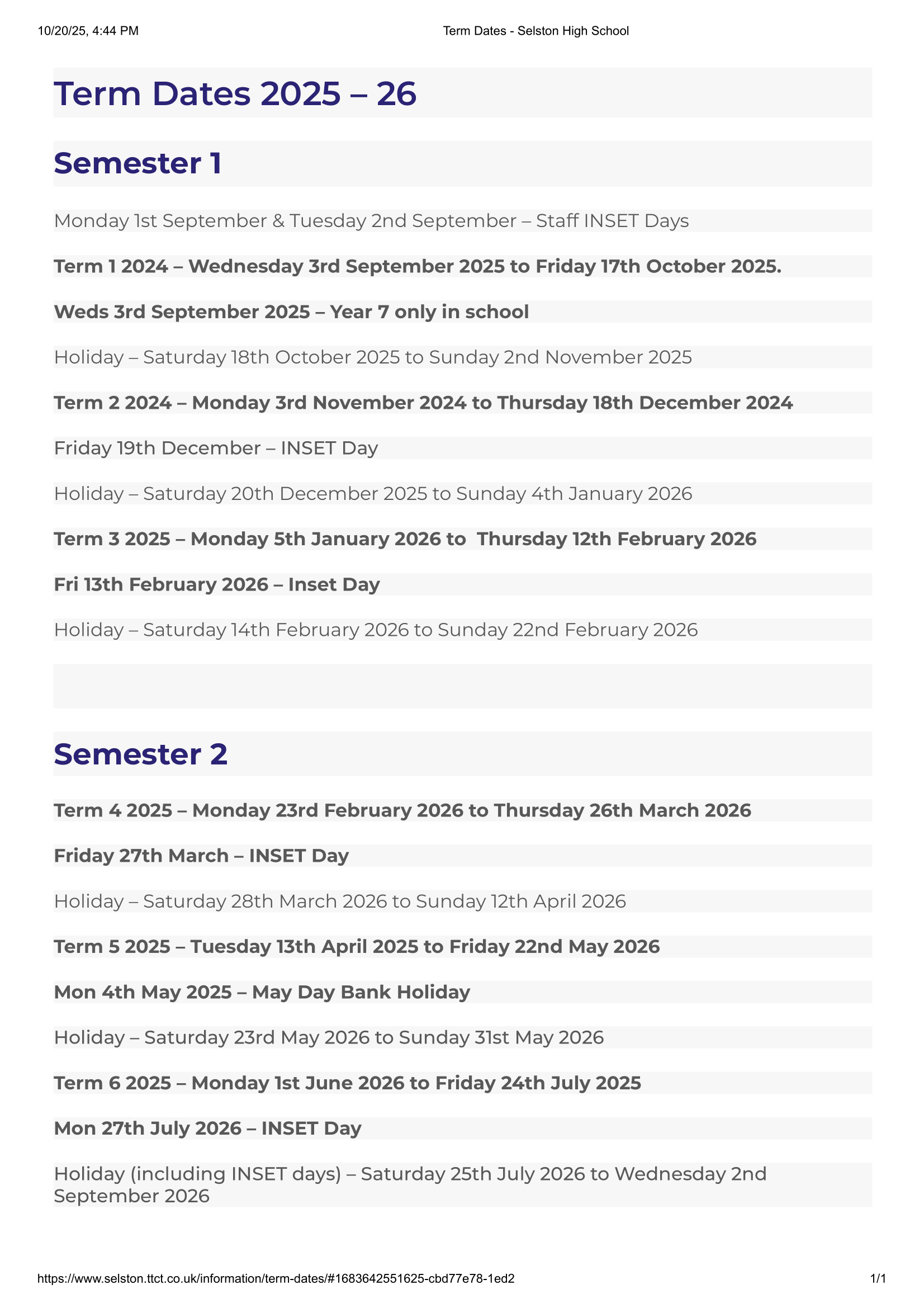 Selston High School 25-26 Term Dates Official