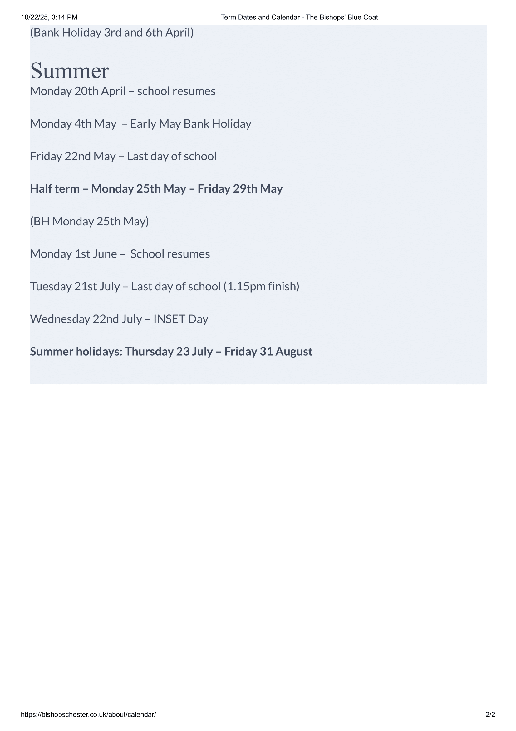 The Bishops' Blue Coat Church of England High School Term Dates 25-26 Official