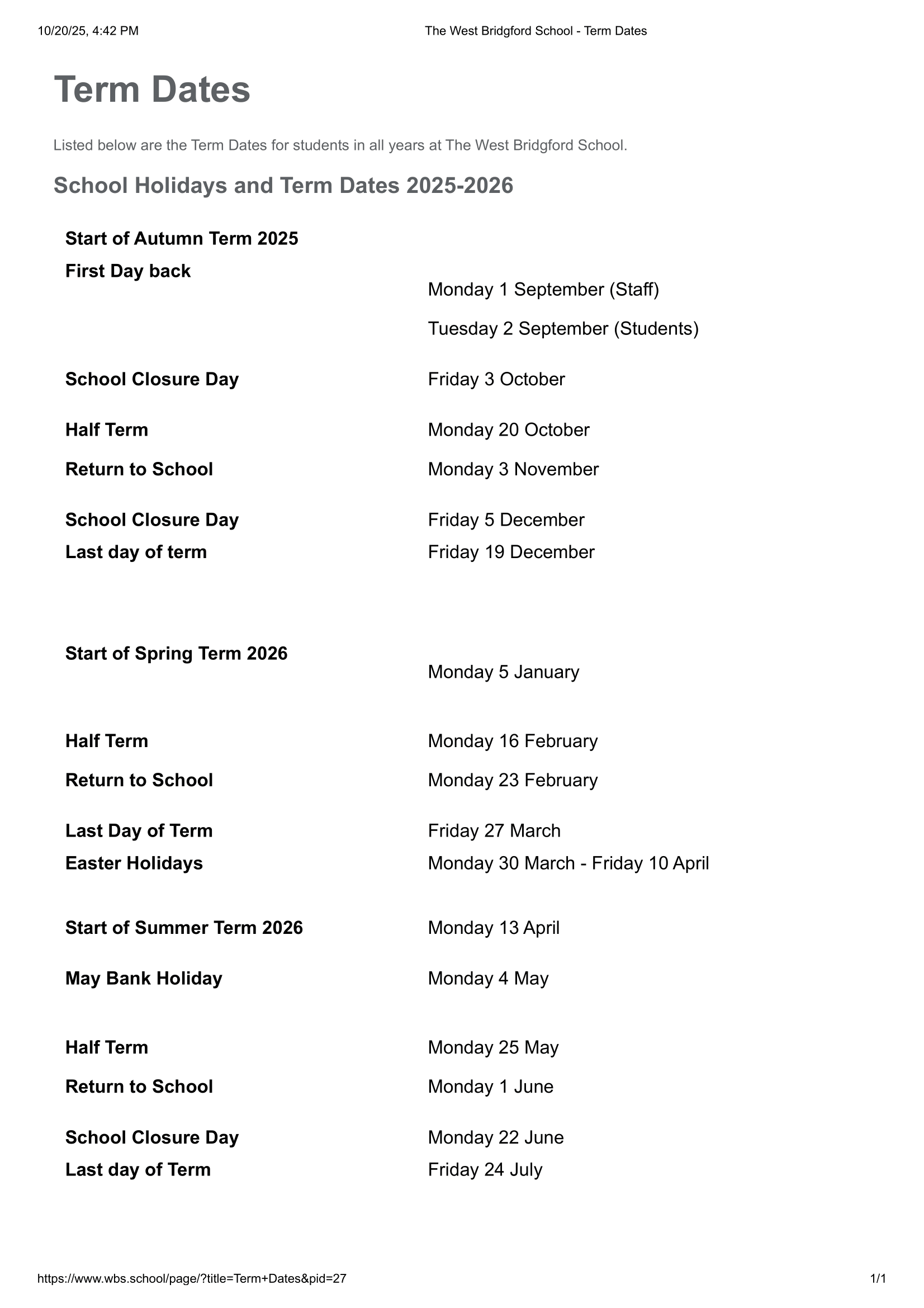 The West Bridgford School Term Dates 25-26 Official