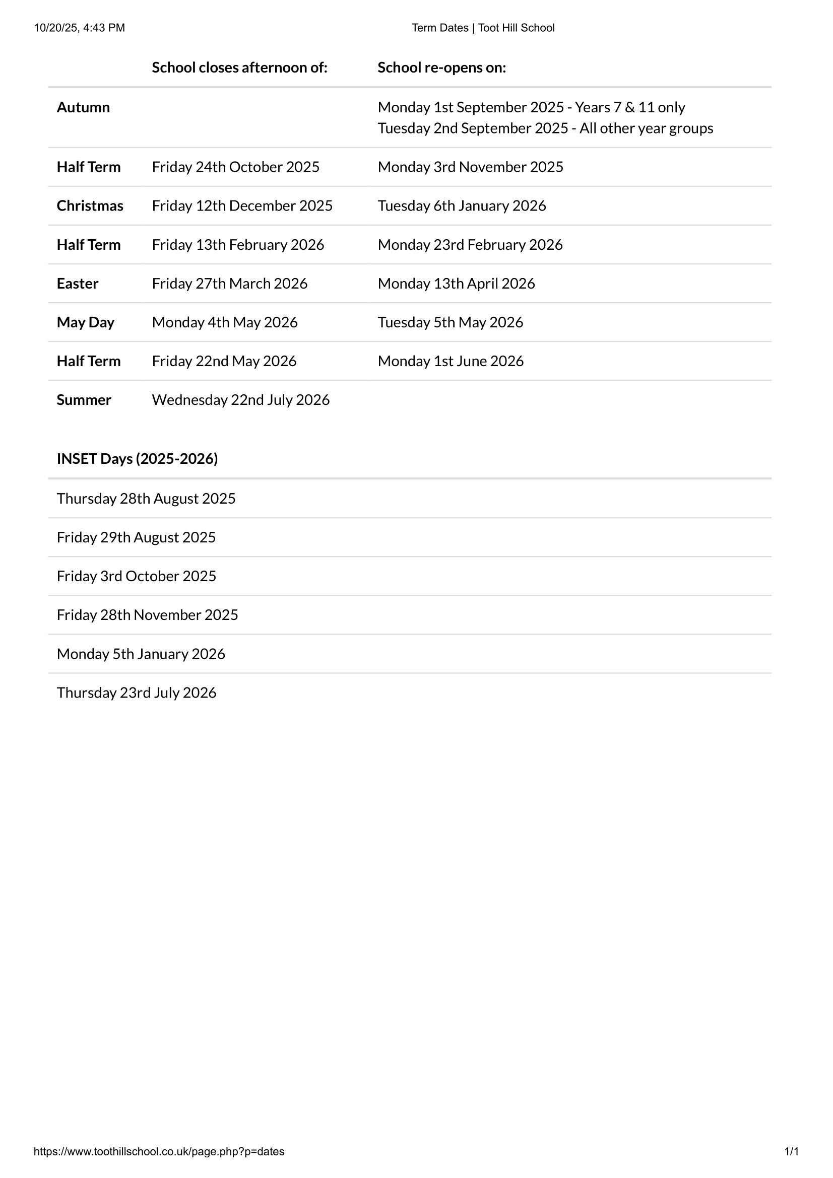 Toot Hill School Term Dates 25-26 Official