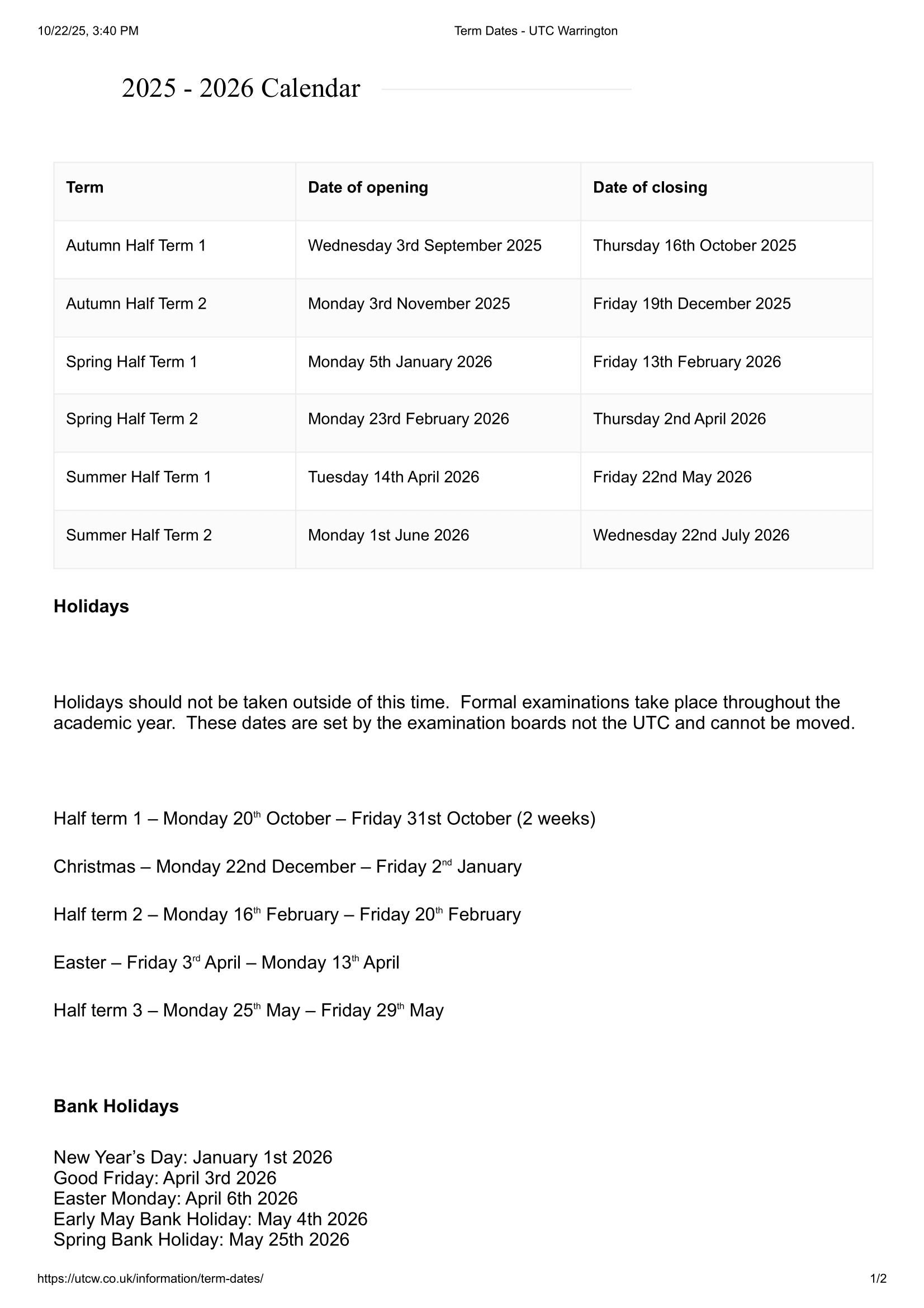 UTC Warrington Term Dates