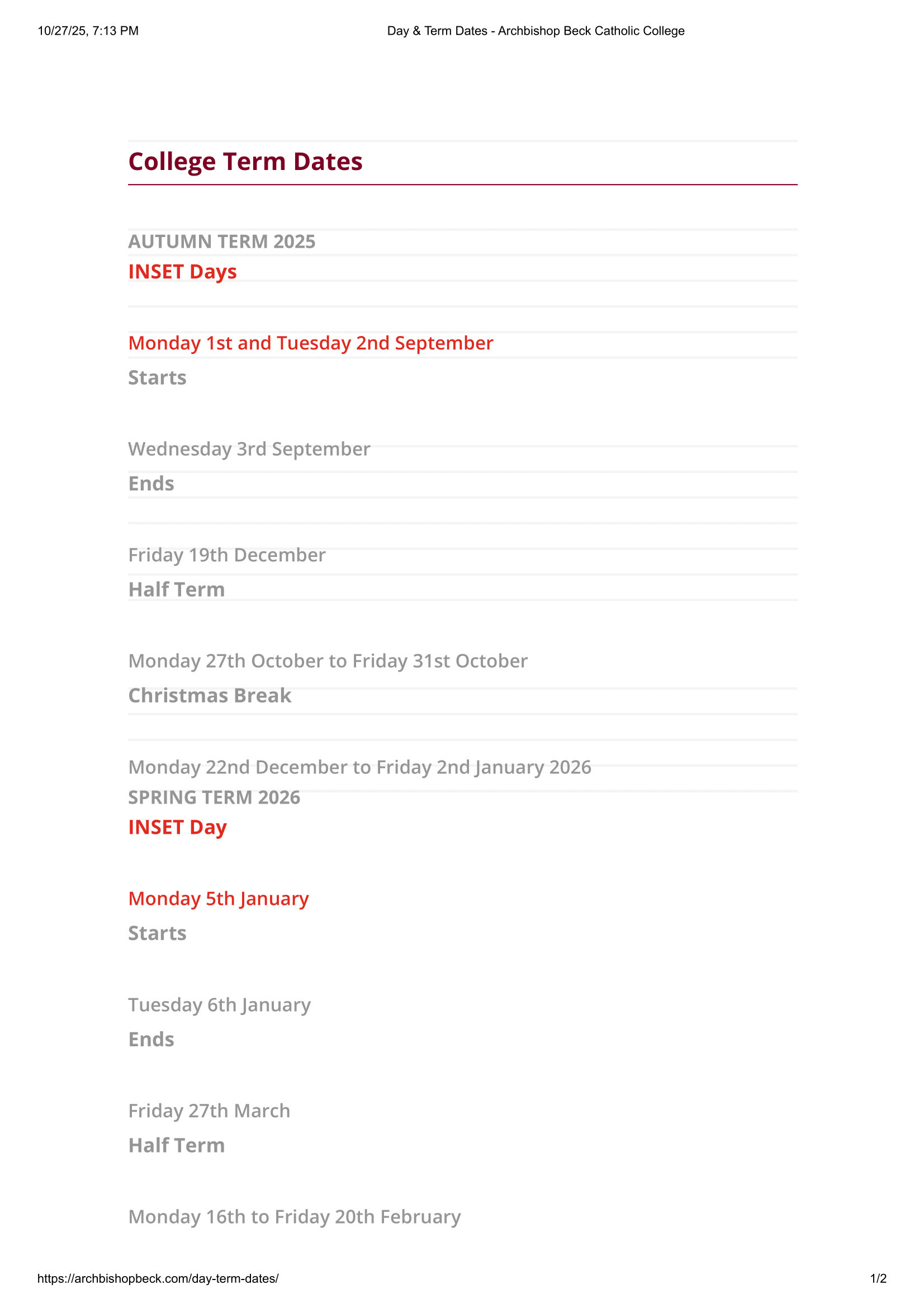 Archbishop Beck Catholic College Day & Term Dates - 25-26
