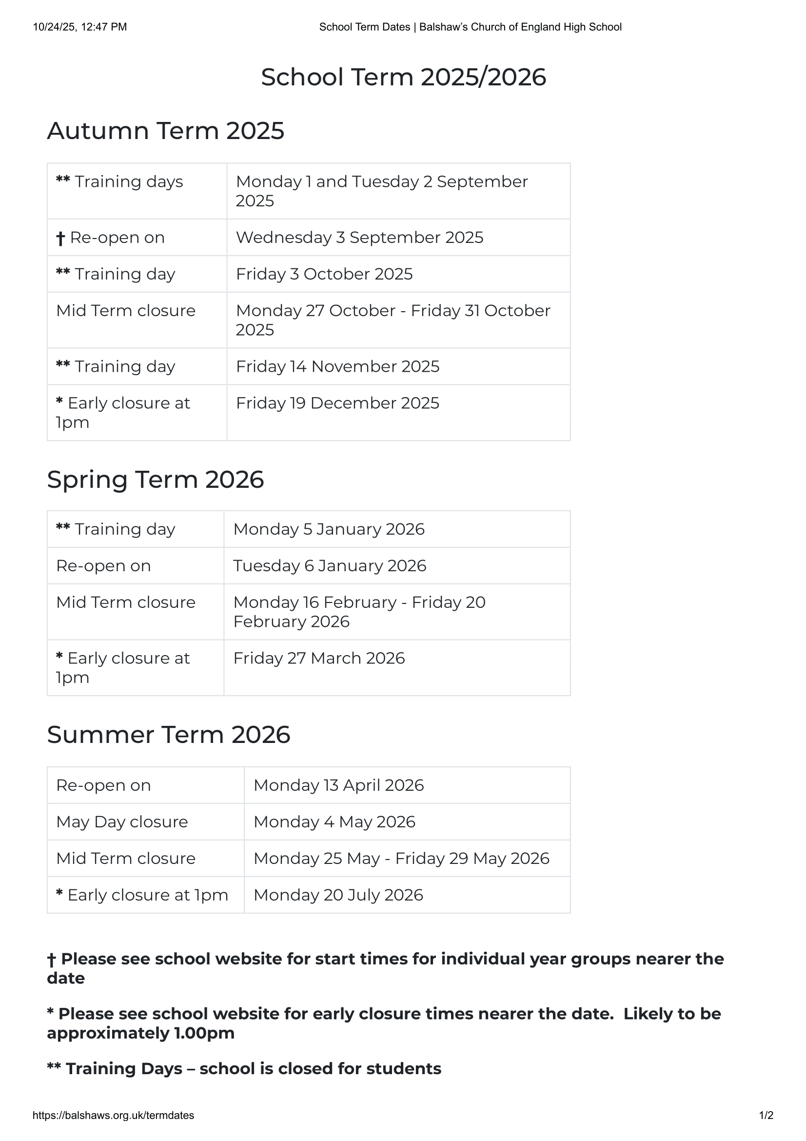 Balshaw’s Church of England High School Term Dates 25-26 Official Update