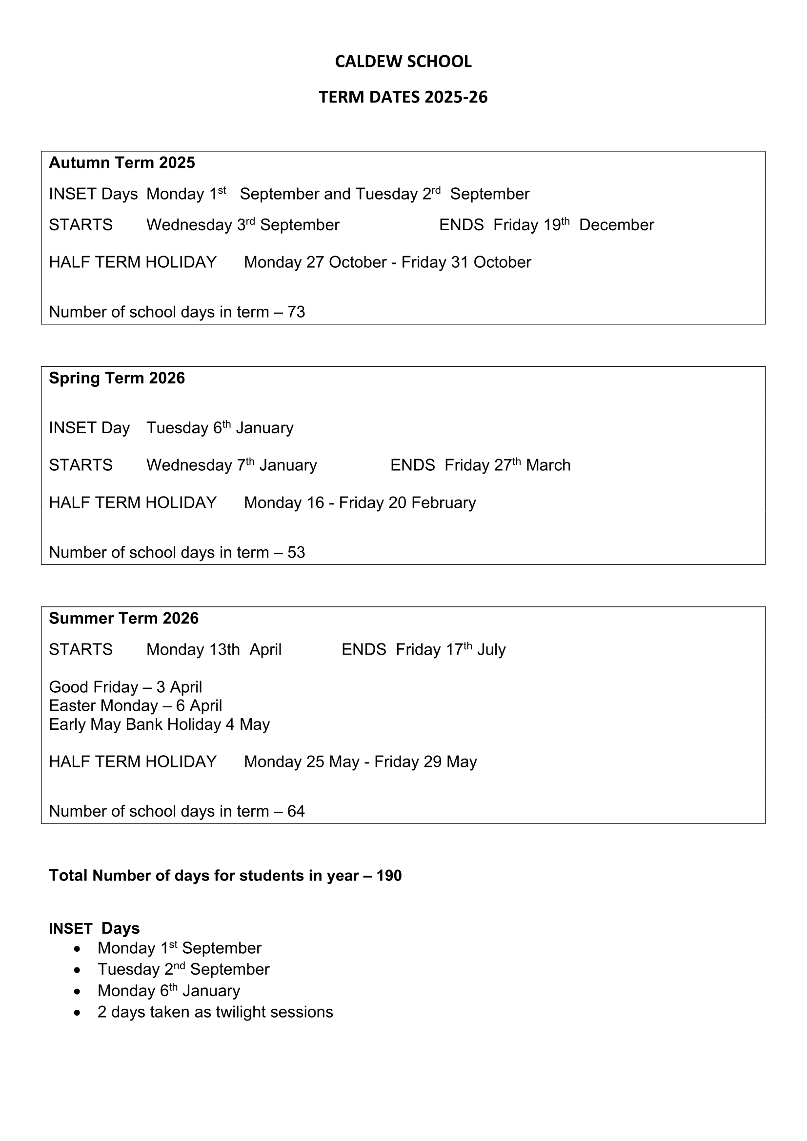 Caldew Schools Term Dates 25-26 Official Updates