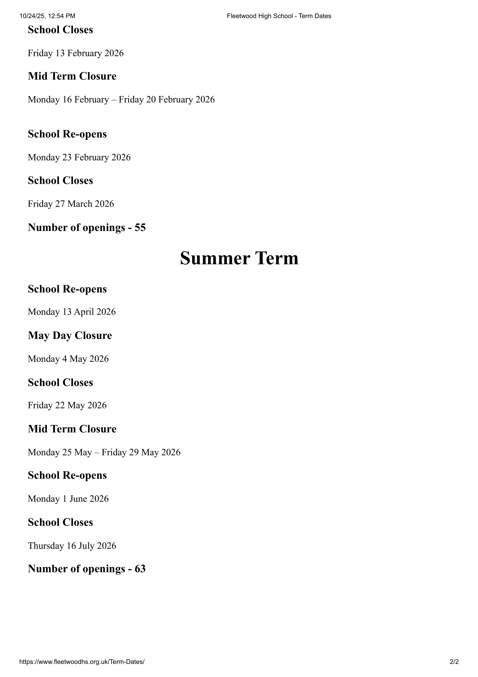 Fleetwood High School - Term Dates-2