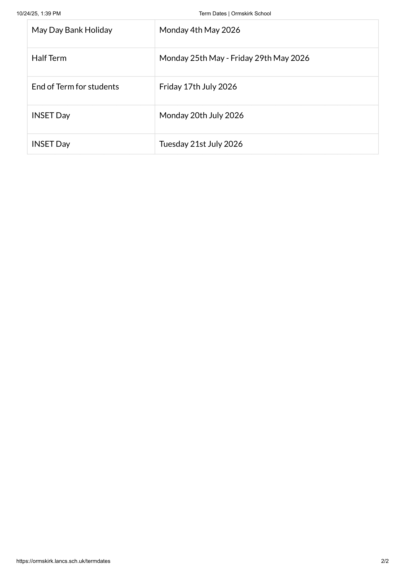 Ormskirk School Term Dates