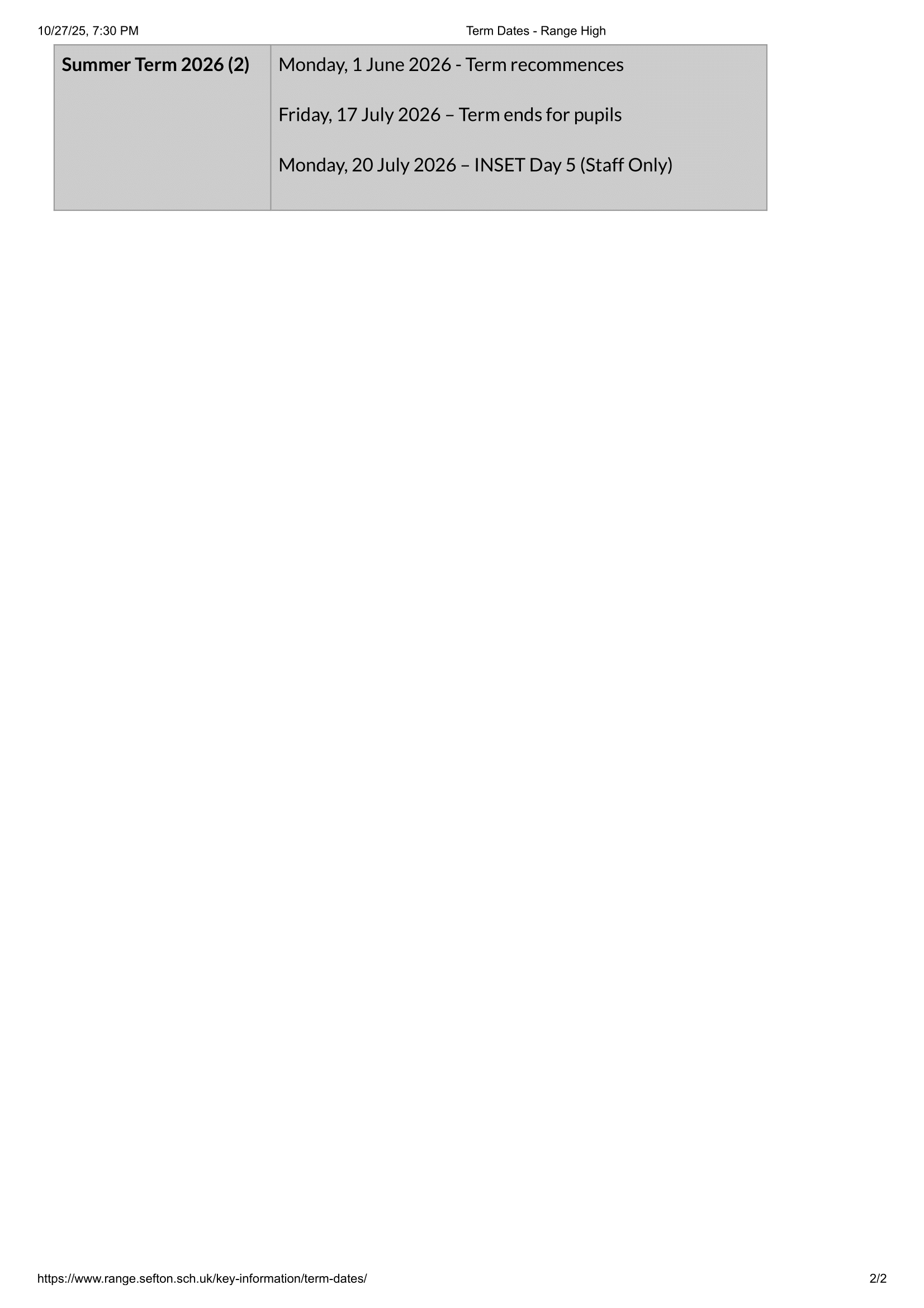 Range High School Term Dates 25-26 Official Updates