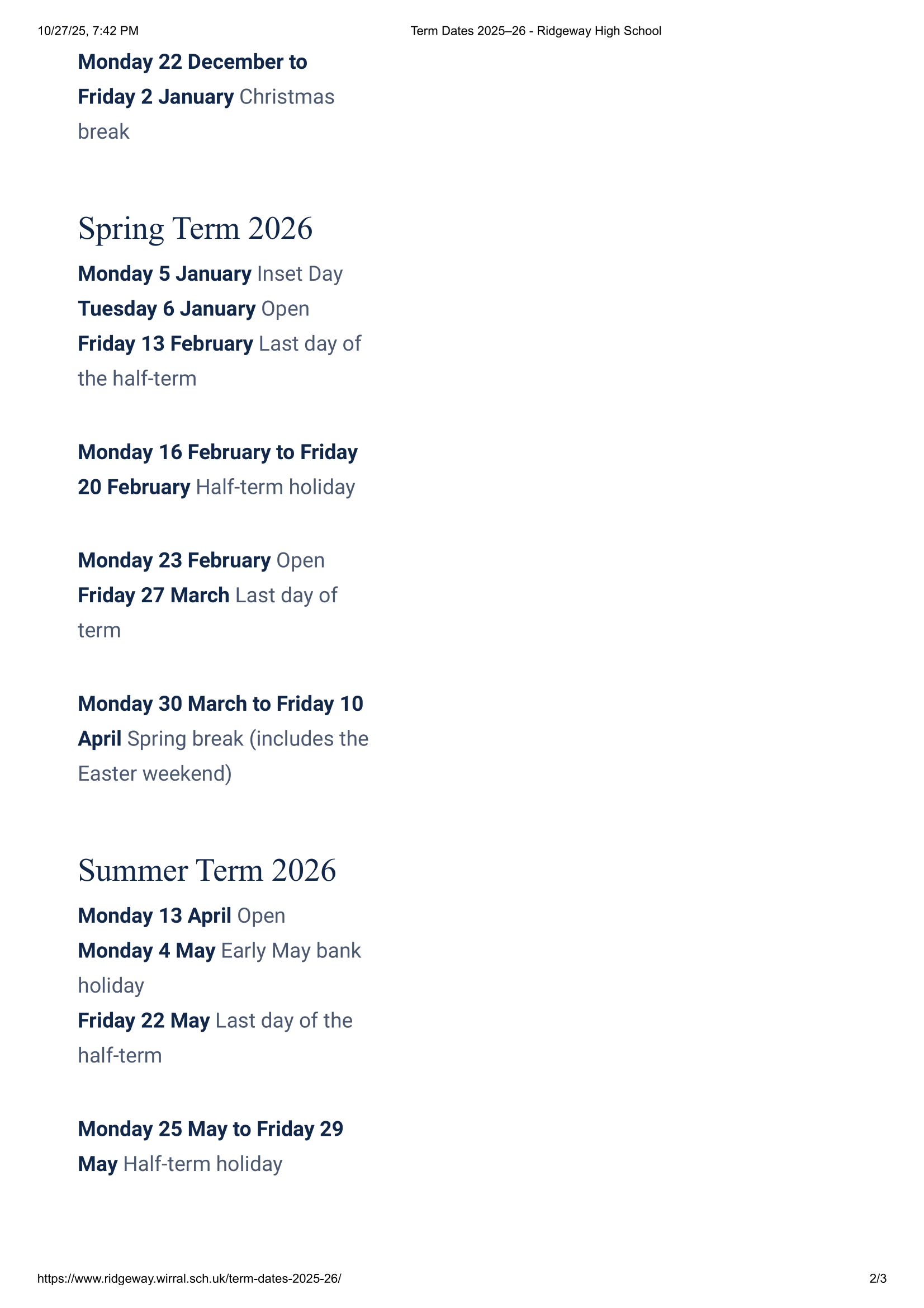 Ridgeway High School Term Dates 25-26 Official Updates