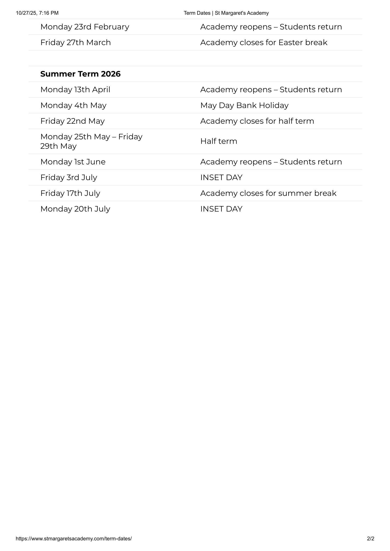 St Margaret’s Academy Term Dates 25-26 Official Updates