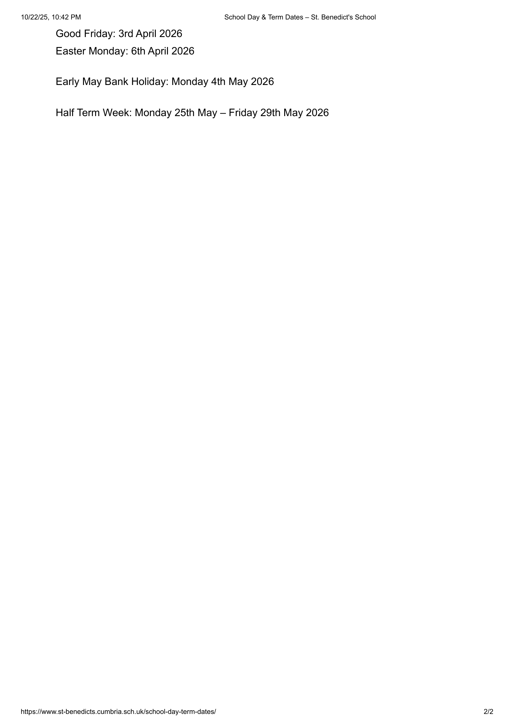 St. Benedict’s School Term Dates 25-26 Official Update