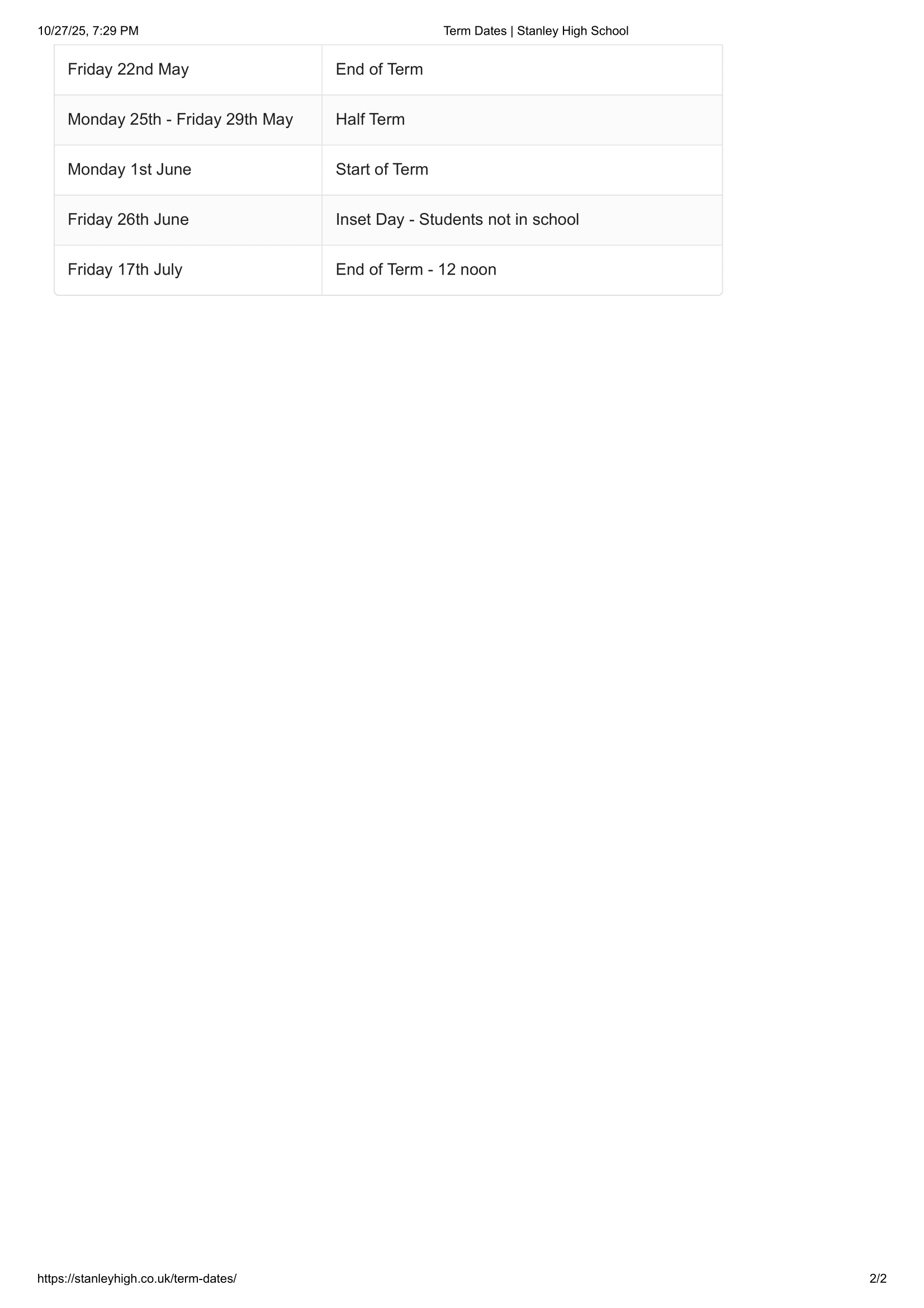 Stanley High School   Term Dates 25-26 Official Updates