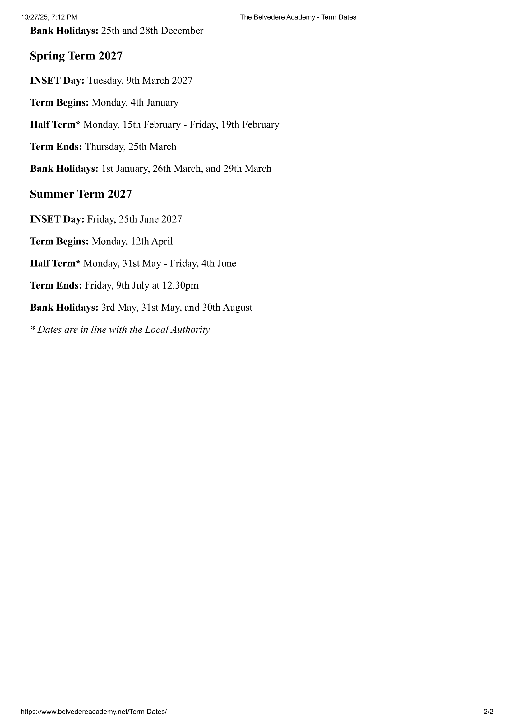The Belvedere Academy term dates