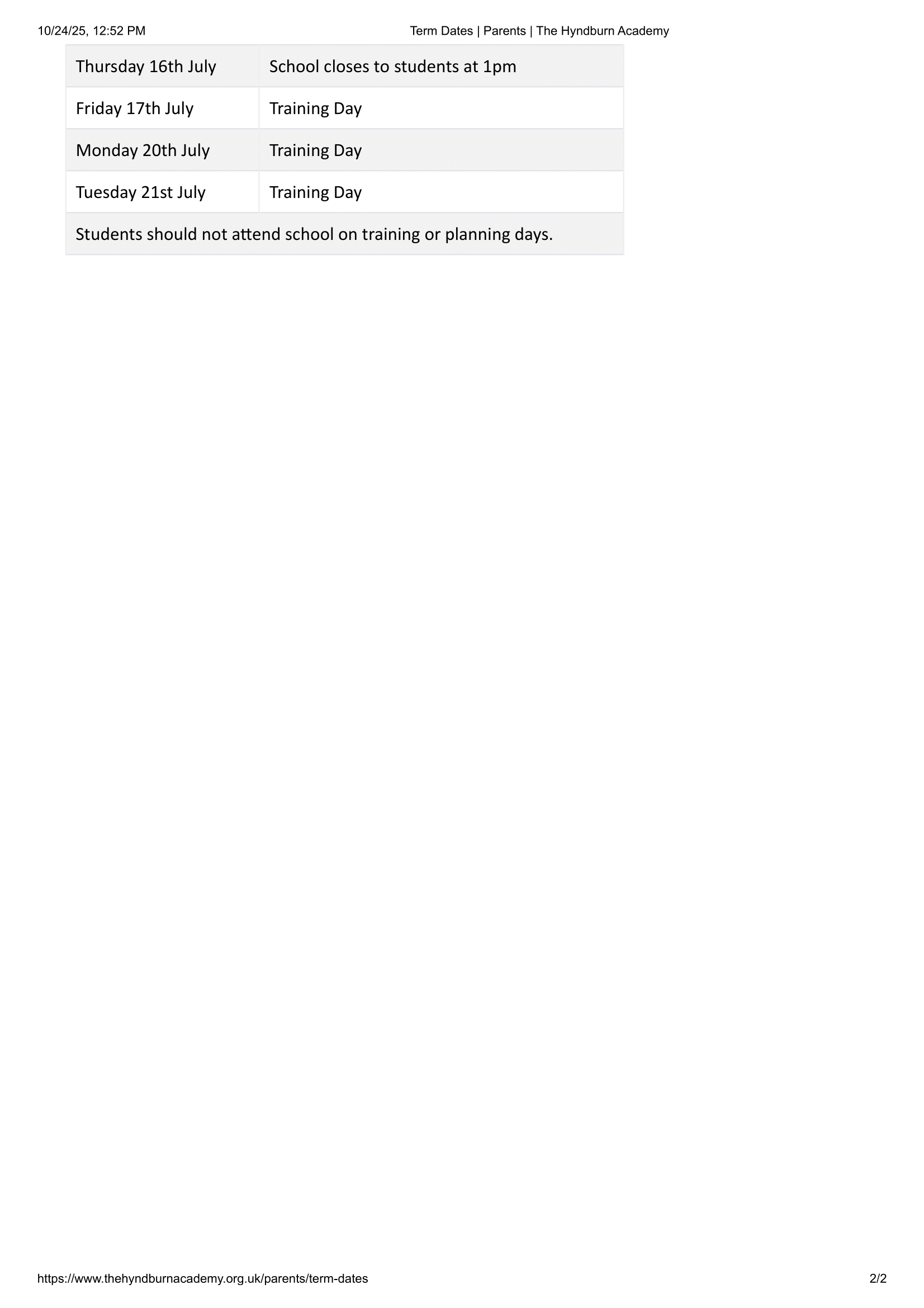 The Hyndburn Academy Term Dates 