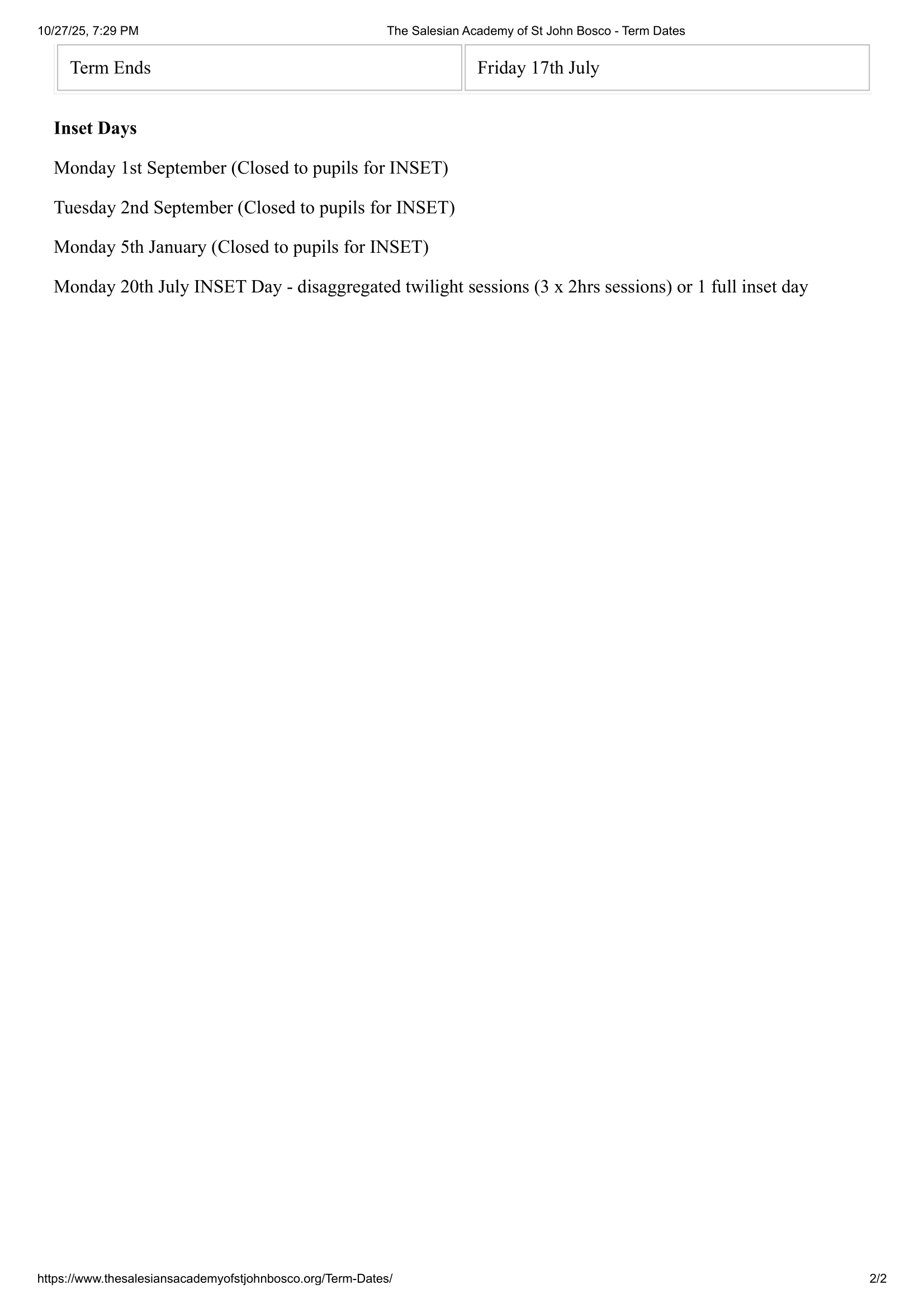 The Salesian Academy of St John Bosco - Term Dates 25-26 Official Updates