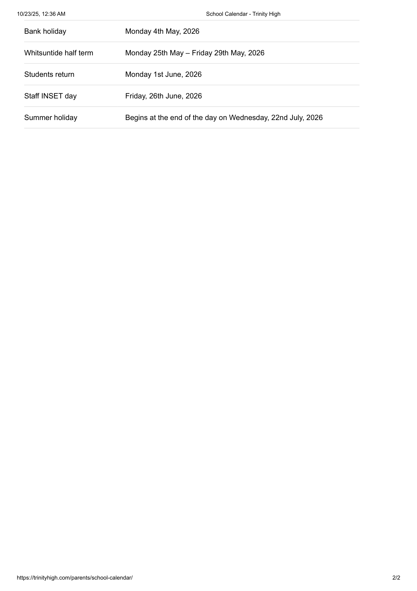 Trinity Church of England High School 25-26 Official Update