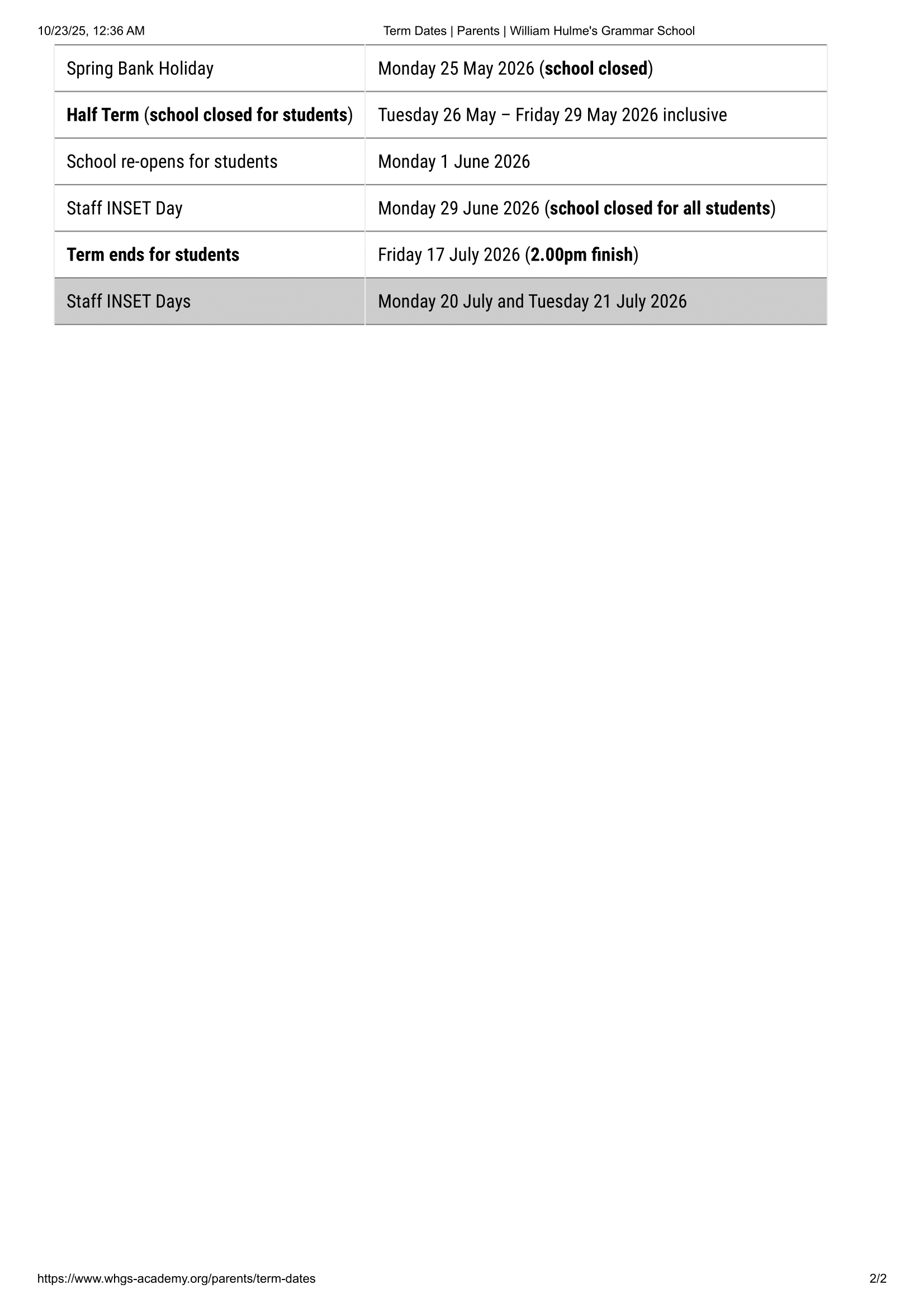 William Hulme’s Grammar School Term Dates 25-26 Official Update