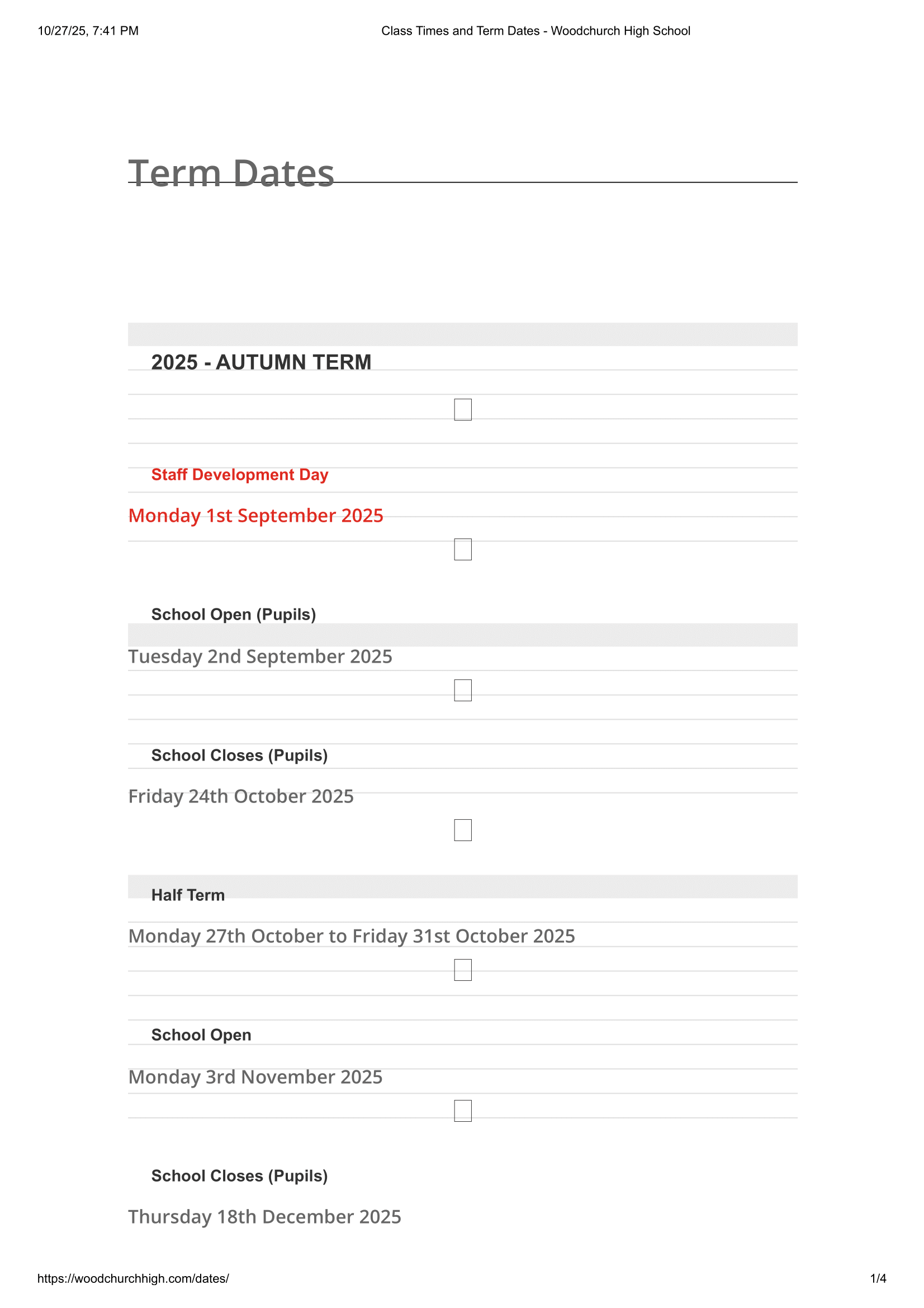 Woodchurch High School Term Dates 25-26
