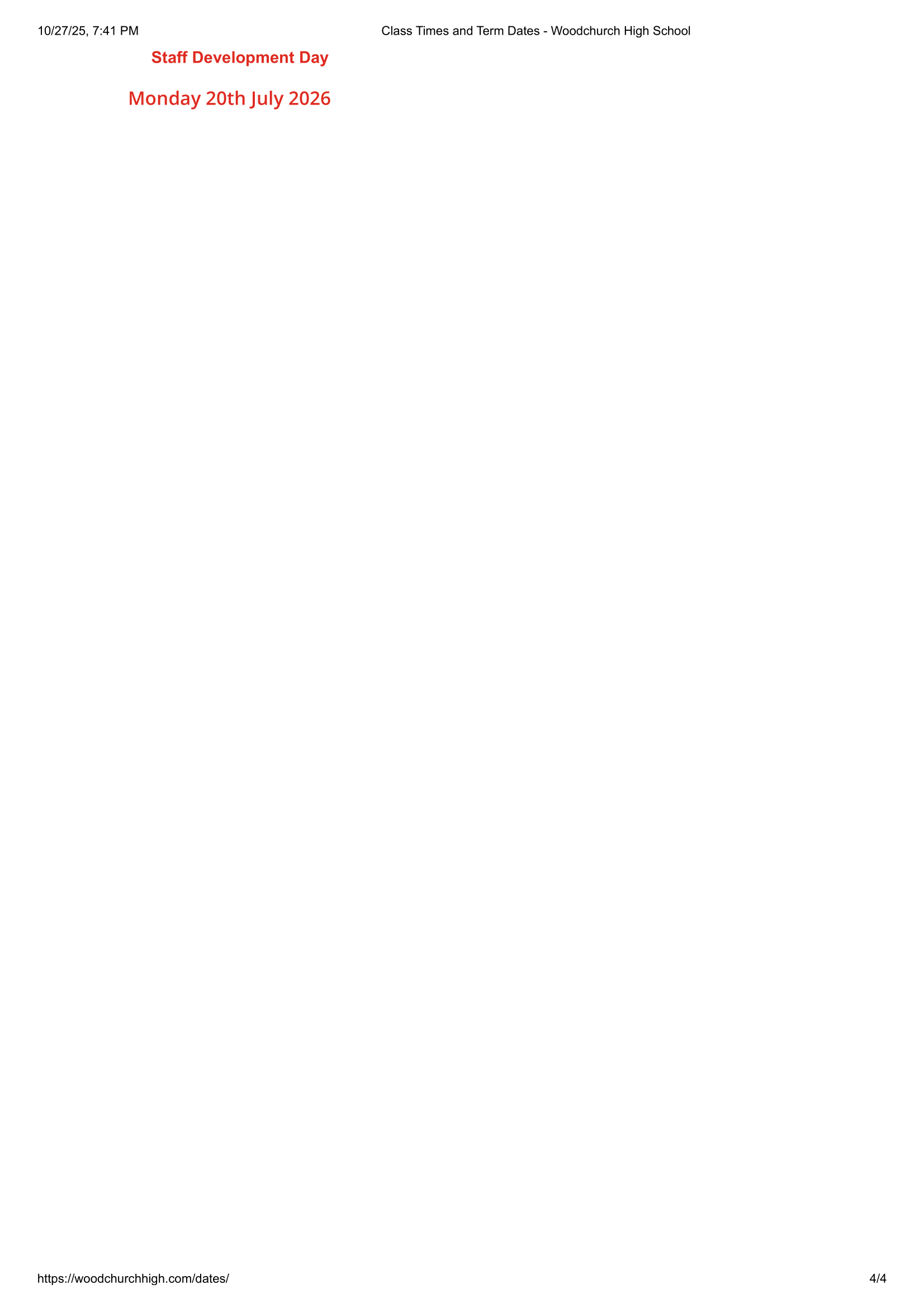 Woodchurch High School Term Dates 25-26