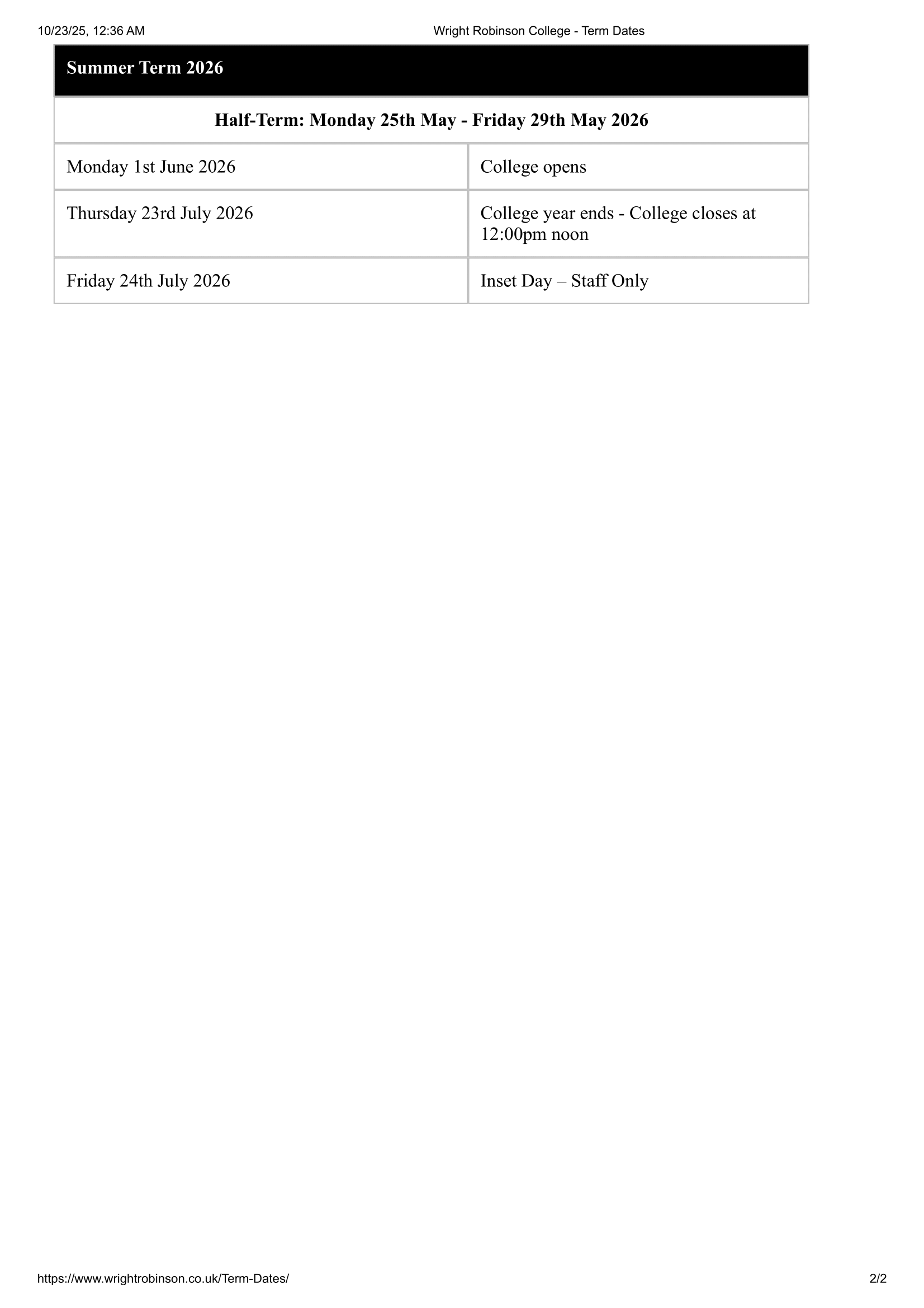 Wright Robinson College Term Dates 25-26 Official Update
