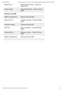 Abbey College term dates 1