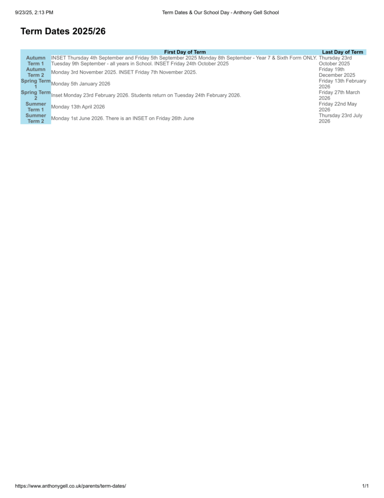 Anthony Gell School term dates 25-26