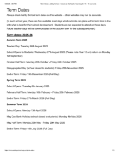 Ashby School term dates 25-26