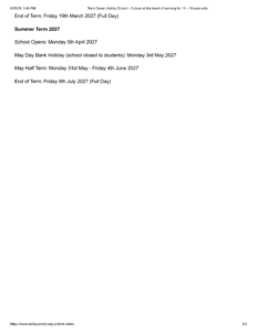 Ashby School term dates 25-26