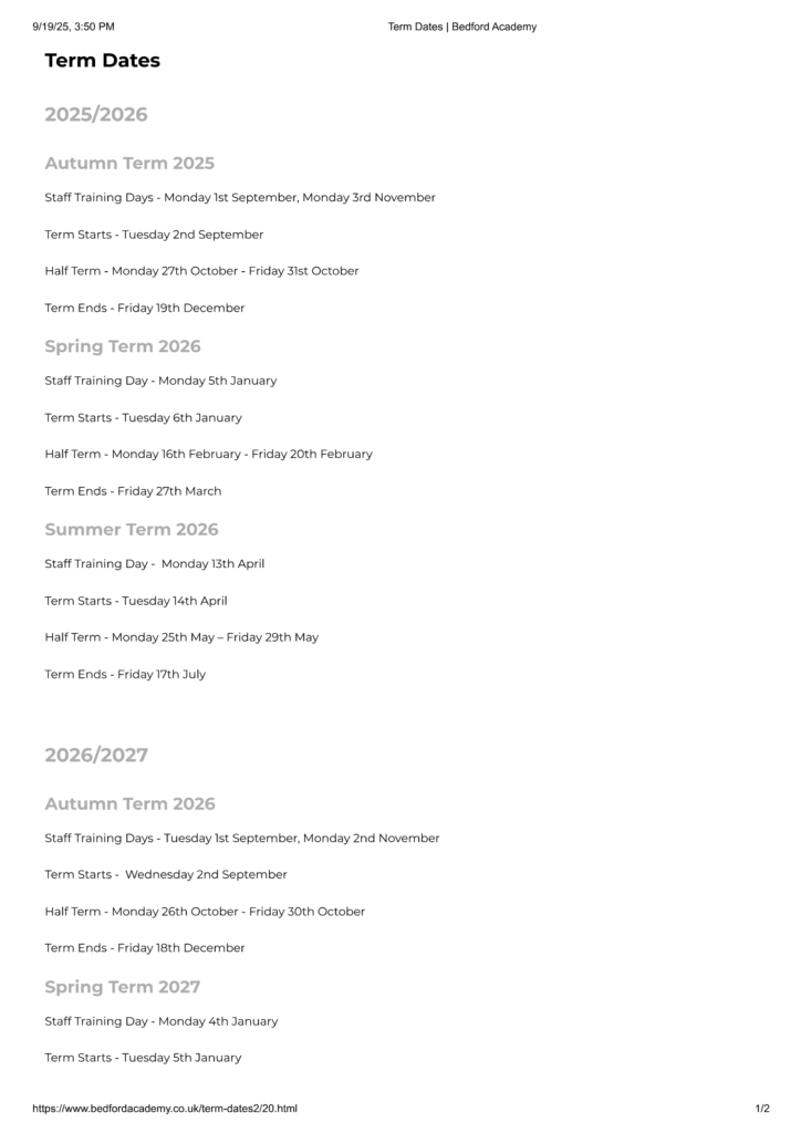 Term Dates _ Bedford Academy