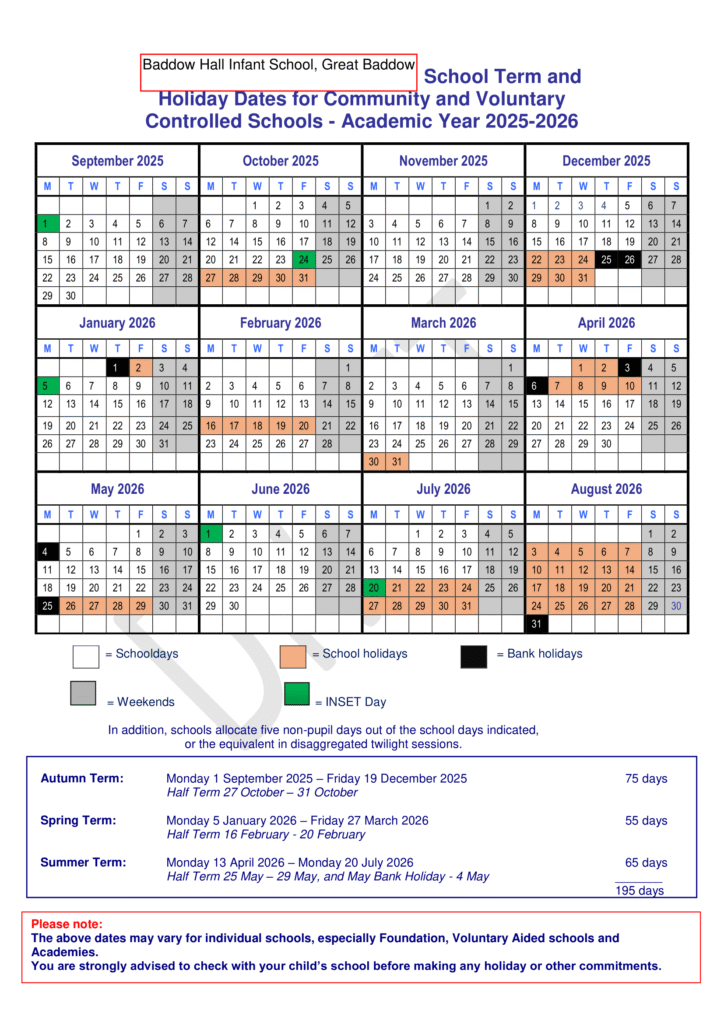 Baddow Hall Infant School term dates 25-26