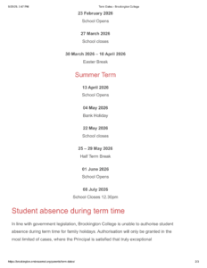 Brockington College term dates 2