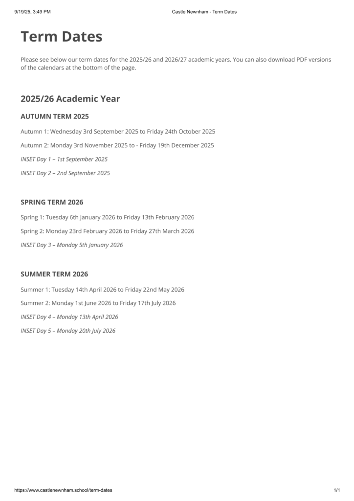 Castle Newnham - Term Dates
