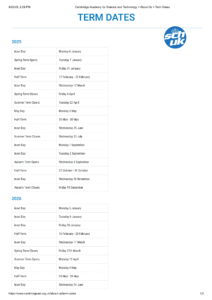 Cambridge Academy for Science and Technology Term Dates_