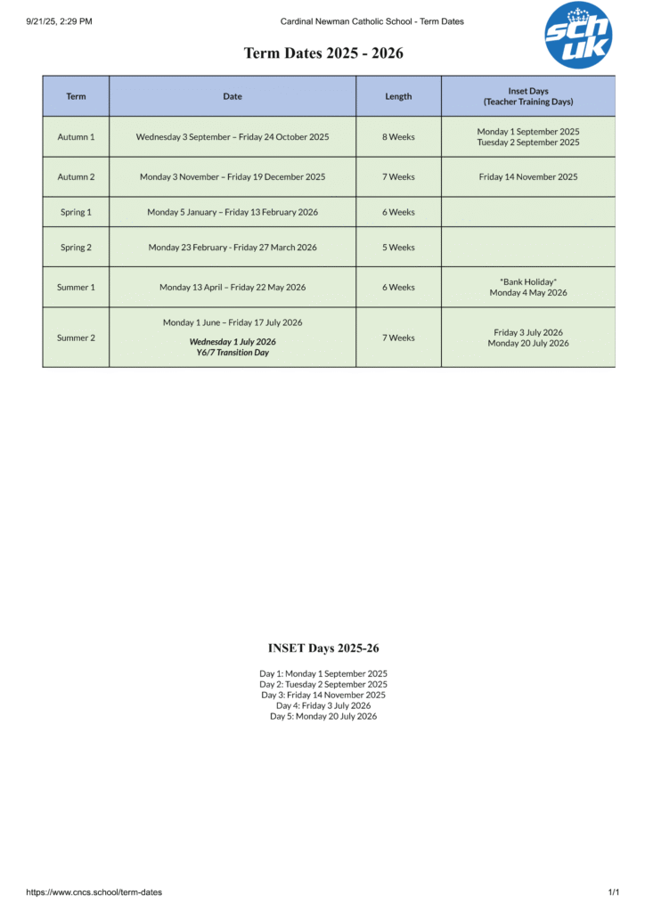 Cardinal Newman Catholic School term dates