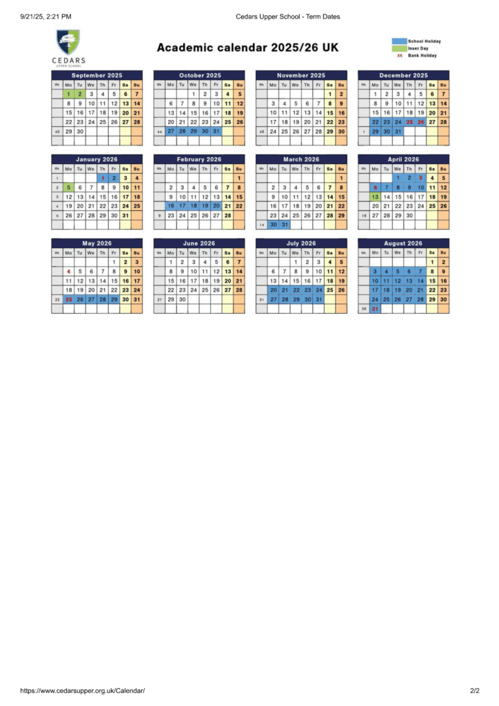 Cedars Upper School - Term Dates
