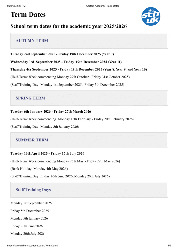 Chiltern Academy - Term Dates