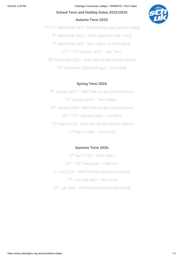 Coleridge Community College term dates pdf