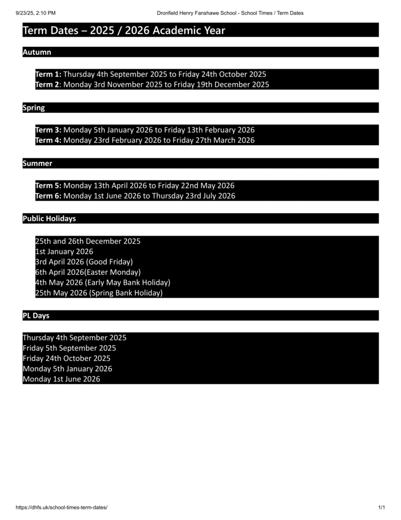 Dronfield Henry Fanshawe School term dates