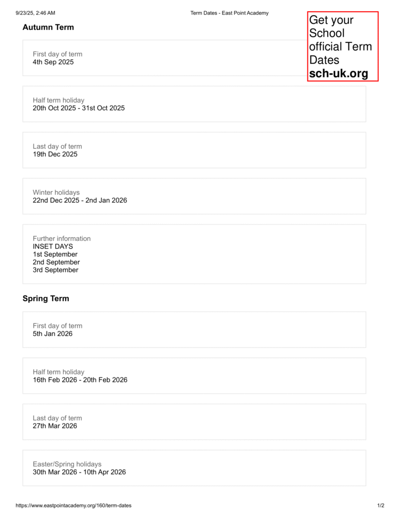 East Point Academy term dates 1