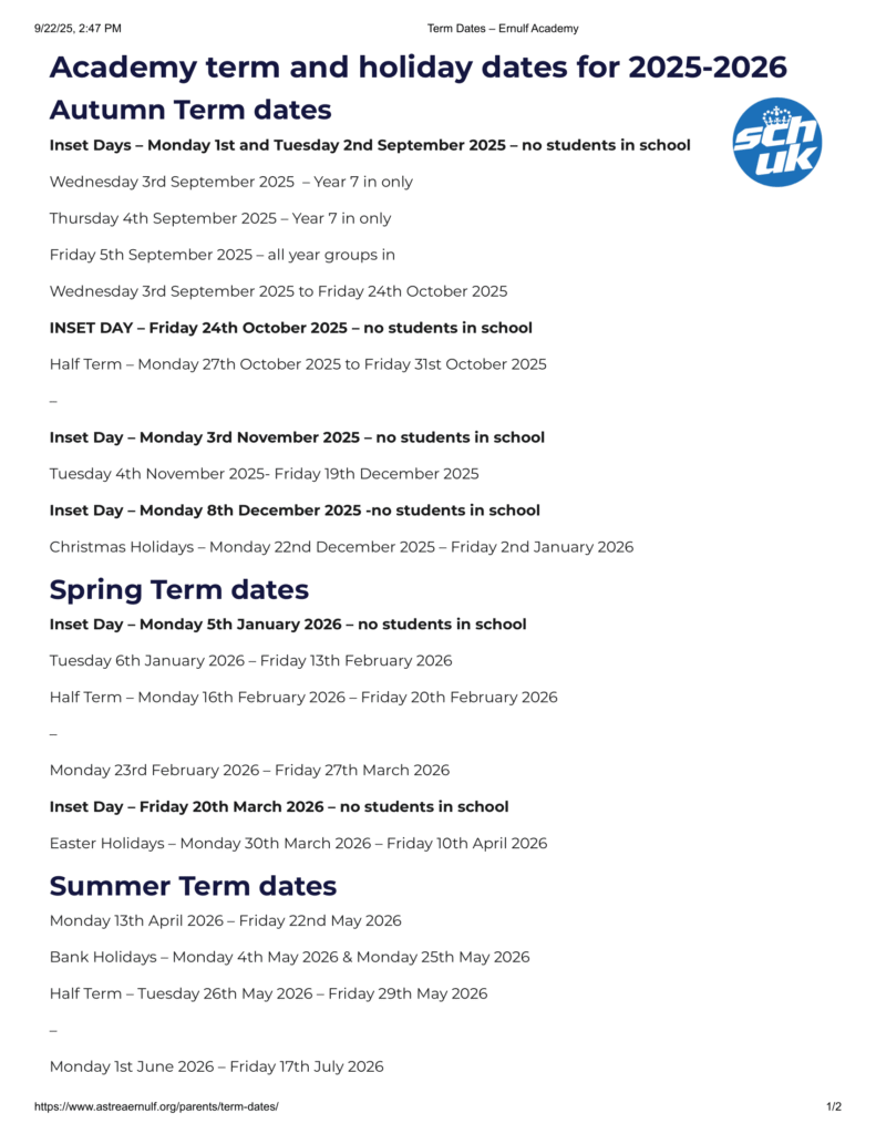 Ernulf Academy term dates 1